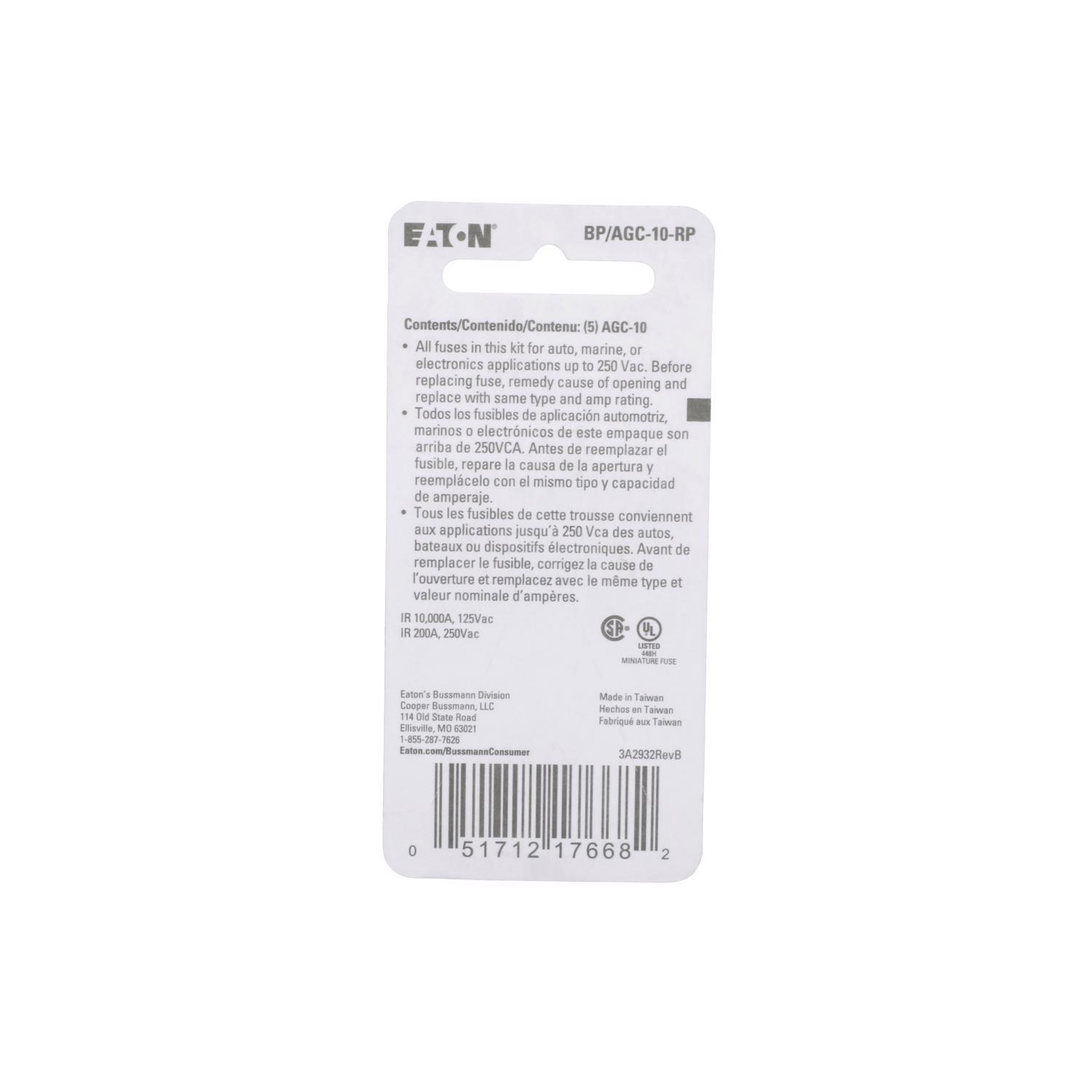 Bussmann 10 amps AGC Clear Glass Tube Fuse 5 pk