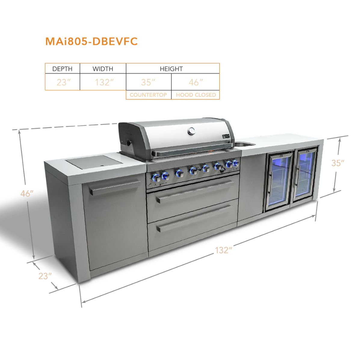 Mont Alpi 6-Burner Deluxe island with beverage center and fridge cabinet