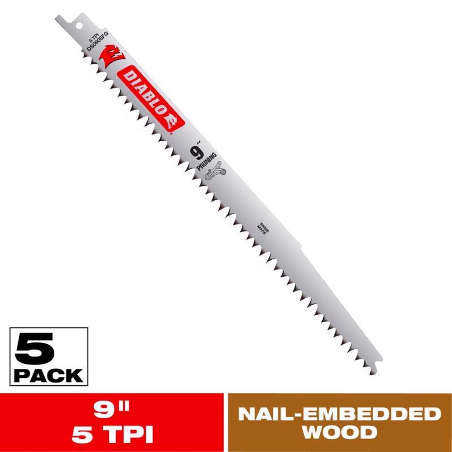 Diablo 9 in. Bi-Metal Pruning & Fast Clean Wood Reciprocating Saw Blade 5 TPI 5 pk