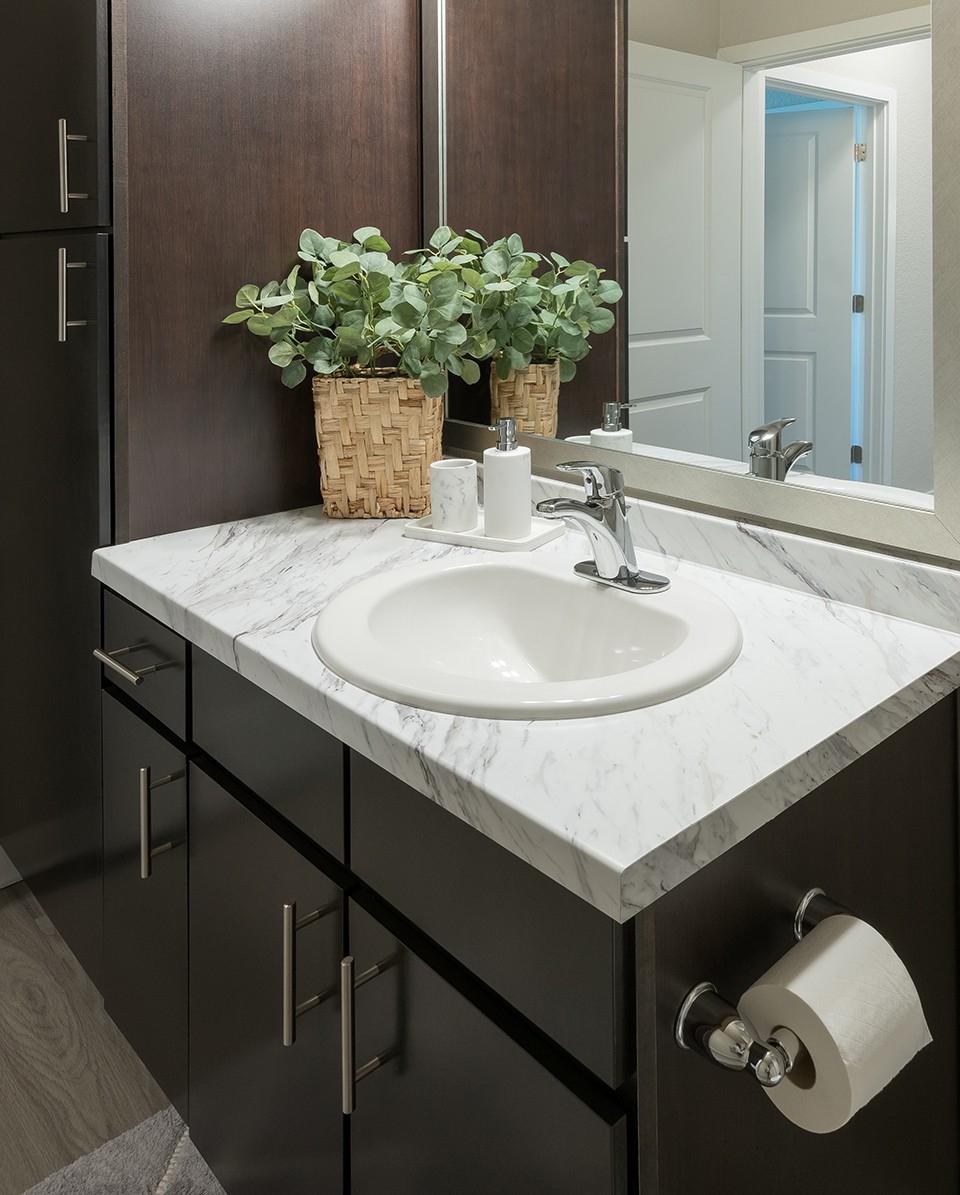 Hartson-Kennedy Laminate Vanity Top 6 ft. Calcutta Marble Caspian Edge No Backsplash