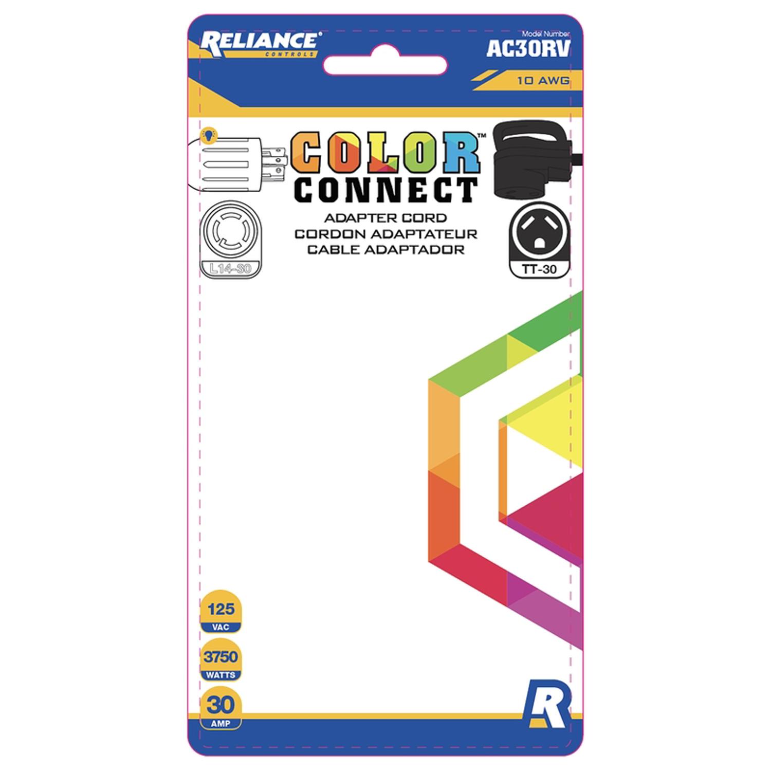 Reliance Controls Color Connect 10/3 SJTW 125 V 12 in. L Adapter Cord