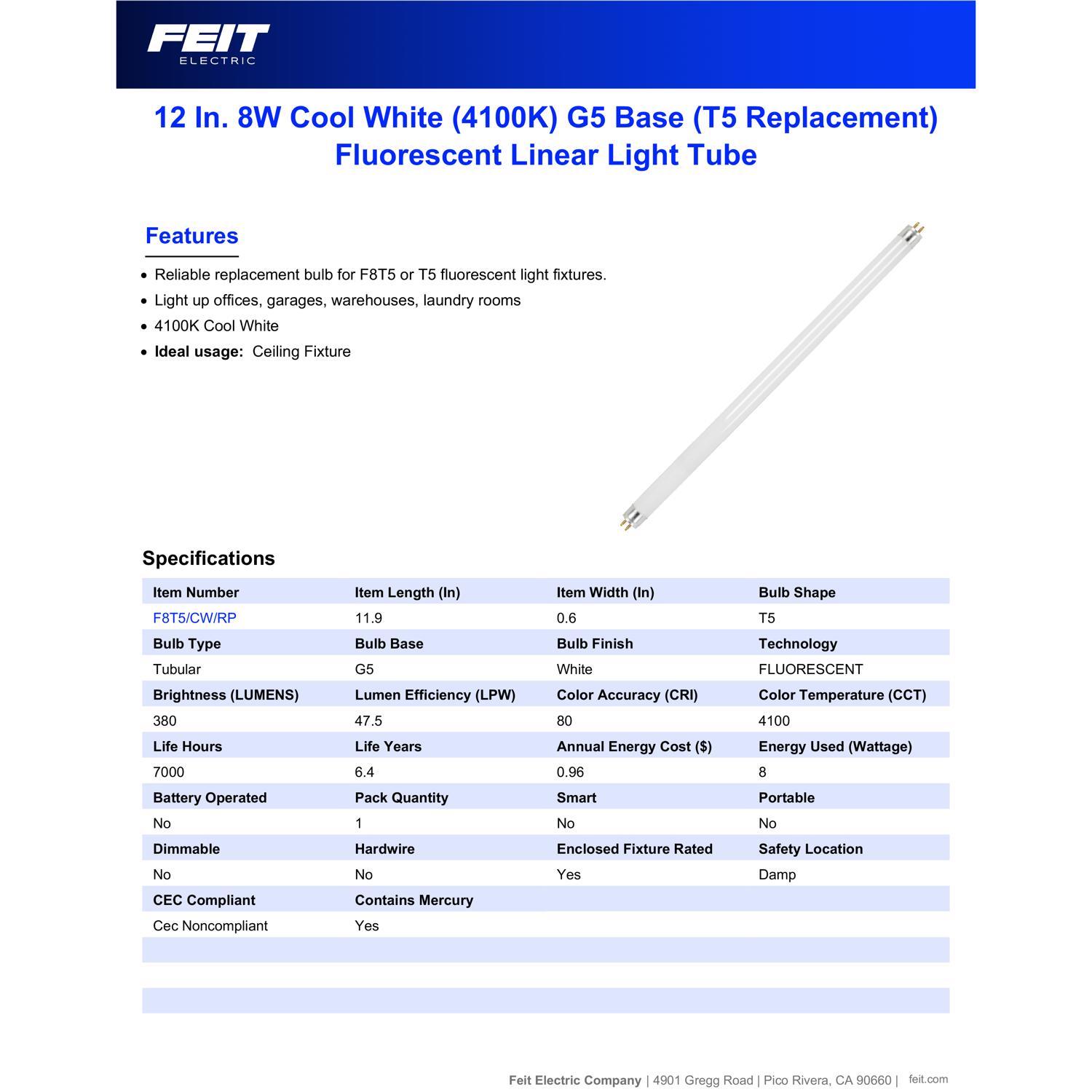 Feit Legacy Bulbs 8 W T5 0.63 in. D X 12 in. L Fluorescent Bulb Cool White Linear 4100 K 1 pk