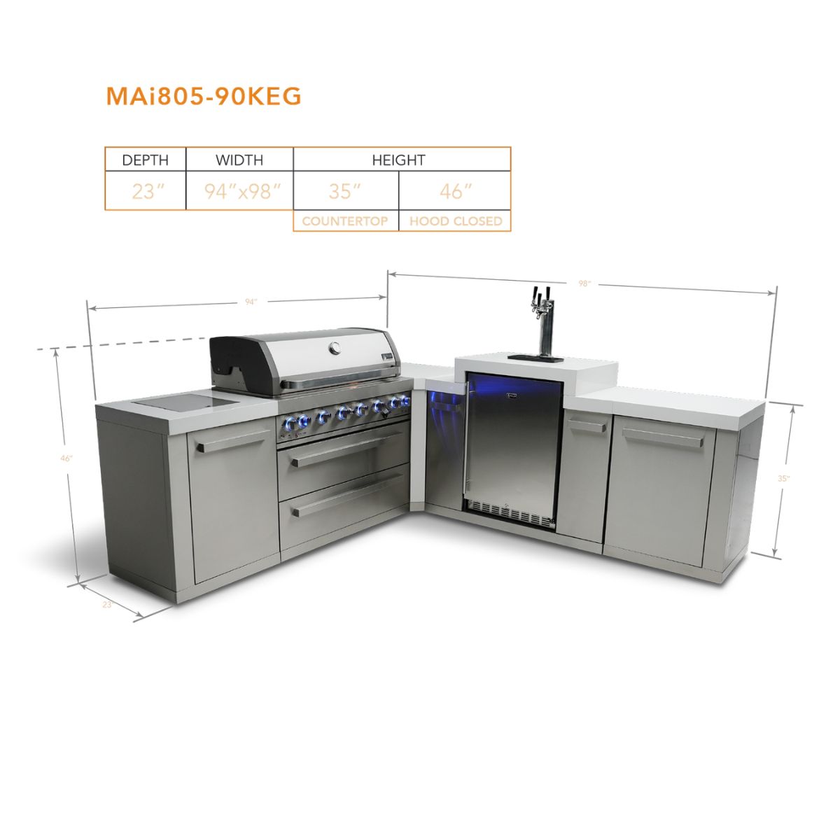 Mont Alpi 6-burner island with a 90-degree corner and kegerator