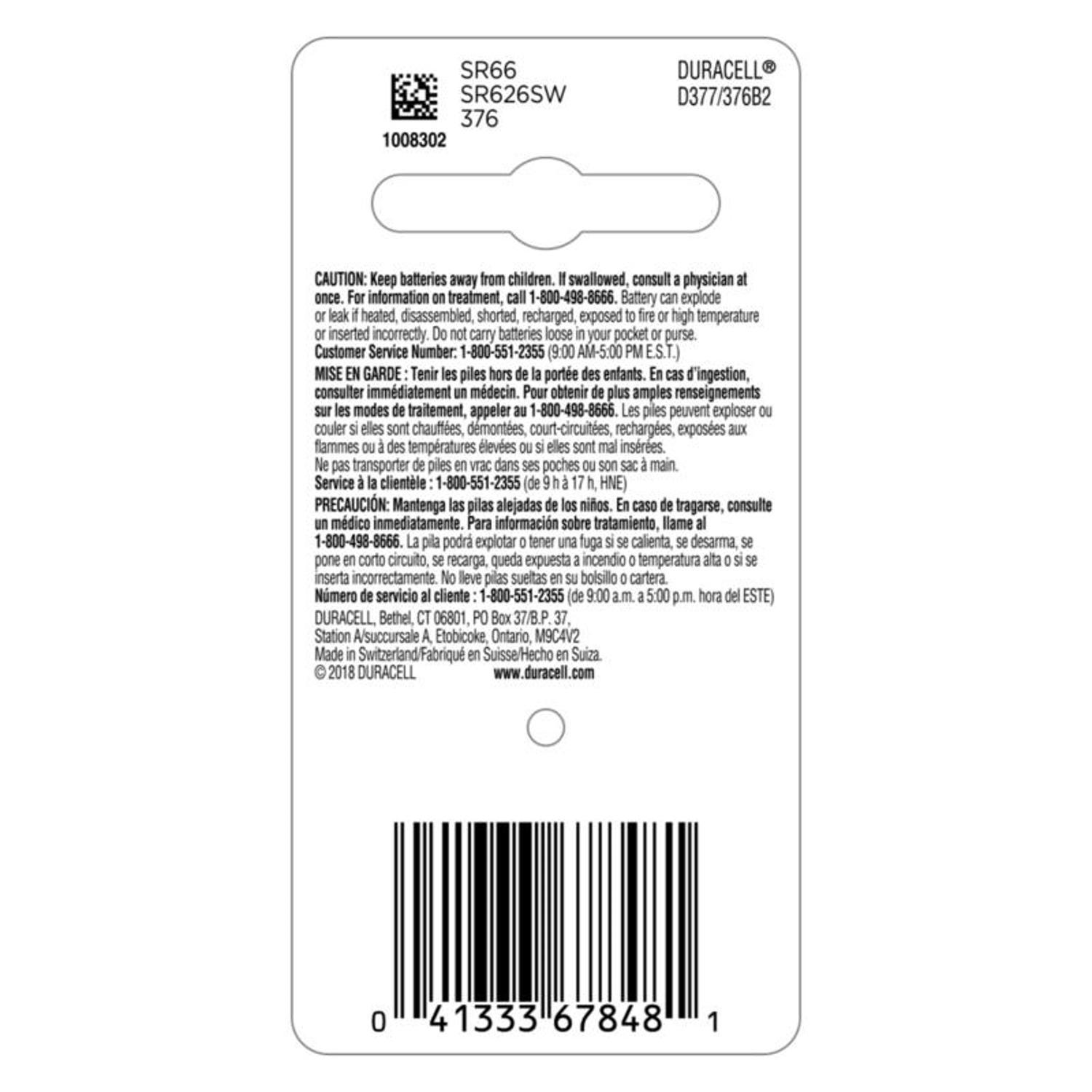 Duracell Silver Oxide 376/377 1.5 V 0.02 mAh Electronic/Watch Battery 2 pk