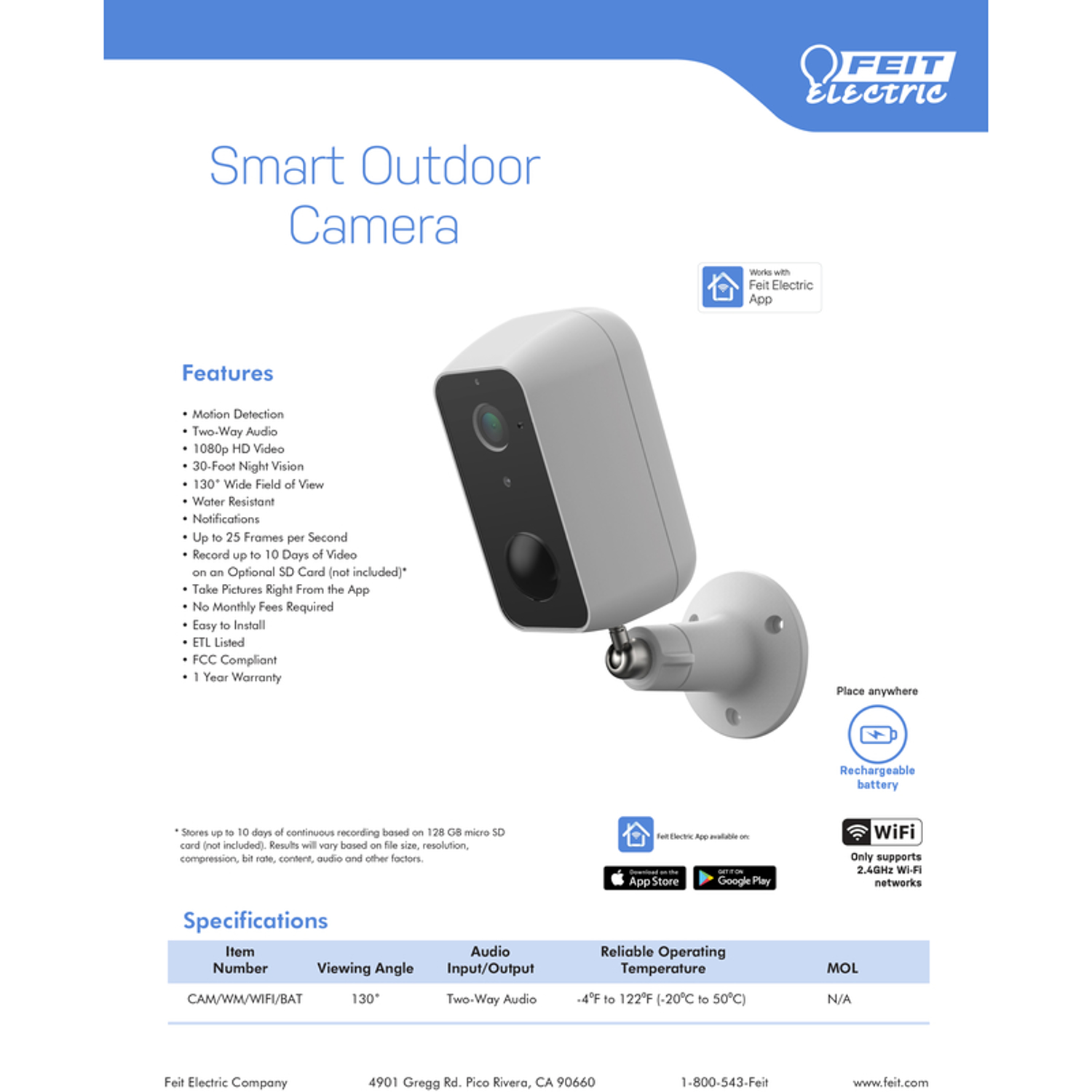 Feit Electric Smart Battery Powered Outdoor Black/White WiFi Security