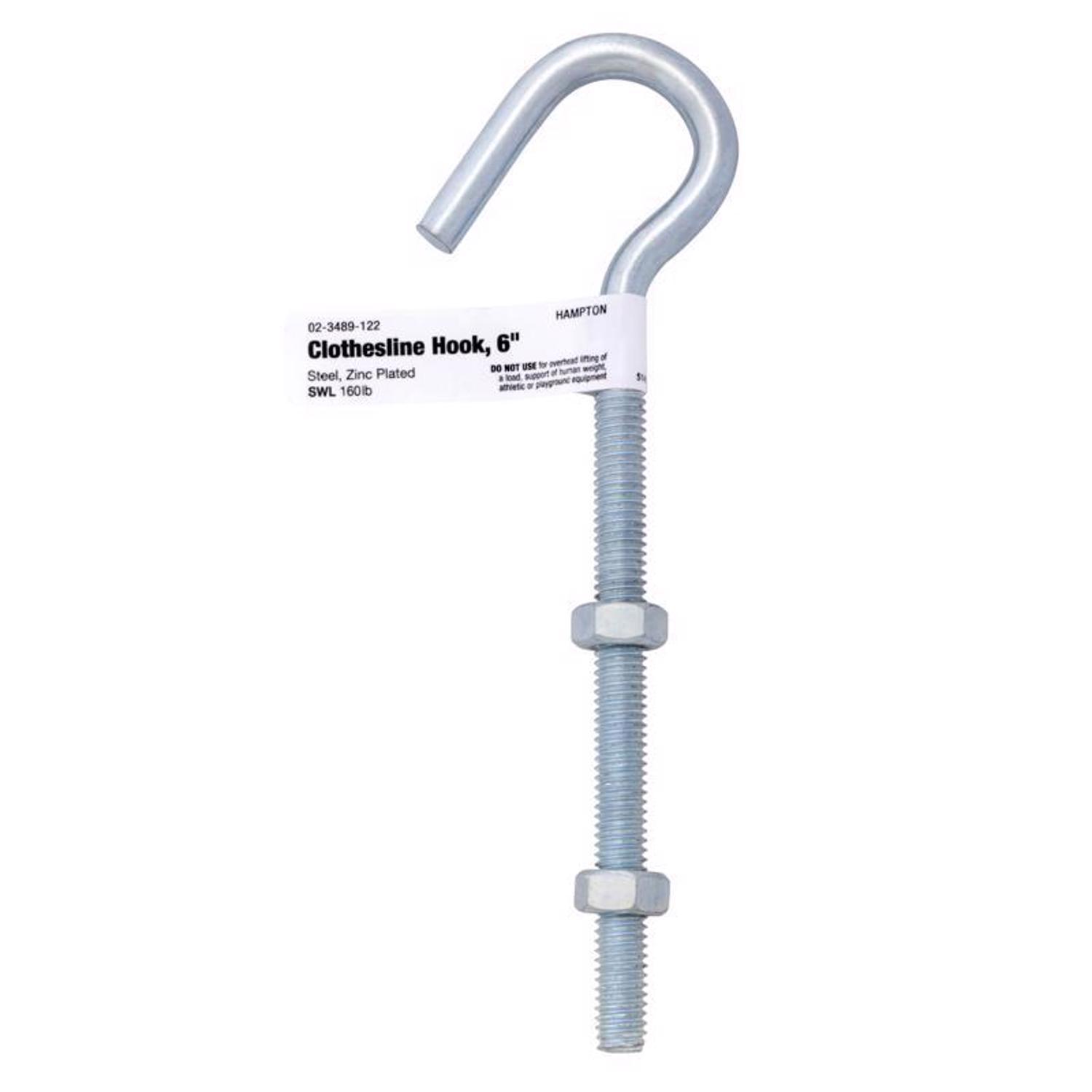 Hampton Medium Zinc-Plated Silver Steel 6 in. L Clothesline Bolt Hook 160 lb 1 pk