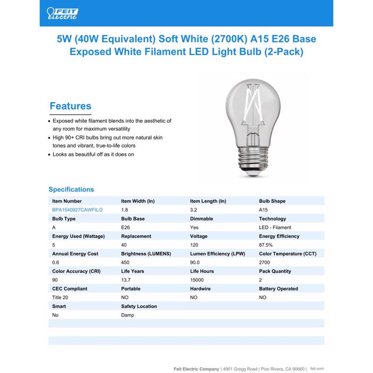 Feit White Filament A15 E26 (Medium) Filament LED Bulb Soft White 40 Watt Equivalence 2 pk