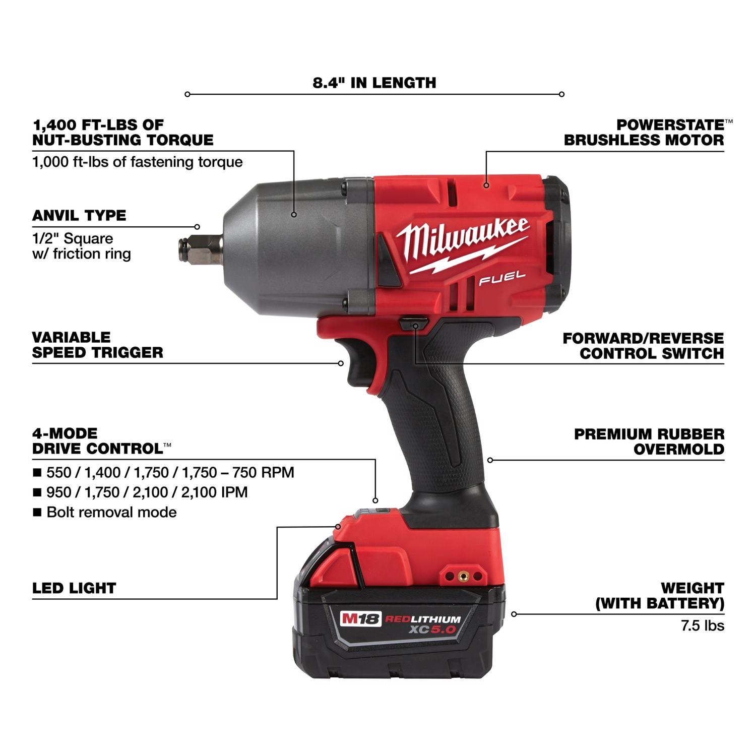 Milwaukee M18 FUEL 18 V 1/2 in. Cordless Brushless Impact Wrench Kit (Battery & Charger)