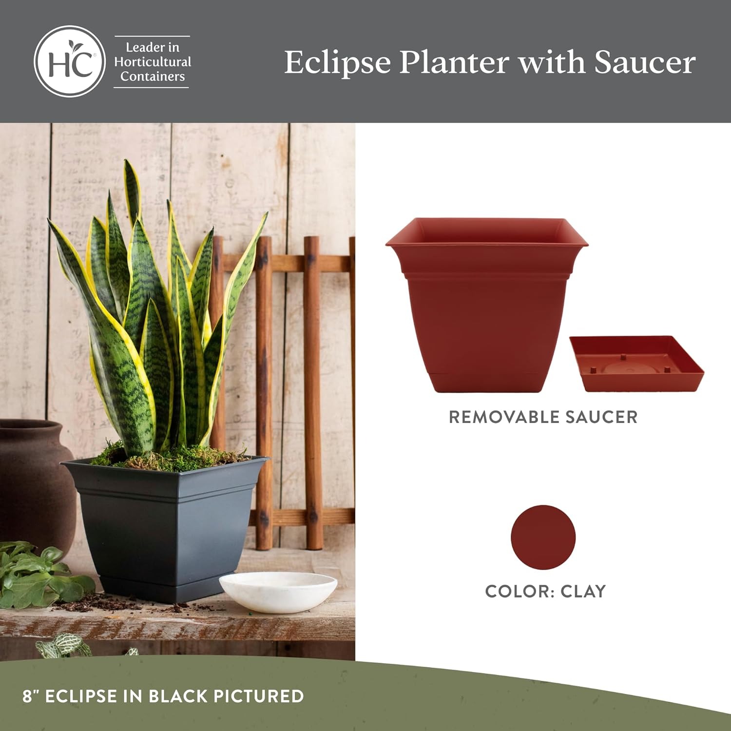 The HC Companies Eclipse Square Plastic Planter w/ Attached Saucer - Outdoor & Indoor Plant Pot with Drainage Holes - Lightweight, UV-Resistant Plastic Pots For Plants (12 in. Clay, Pack of 1)