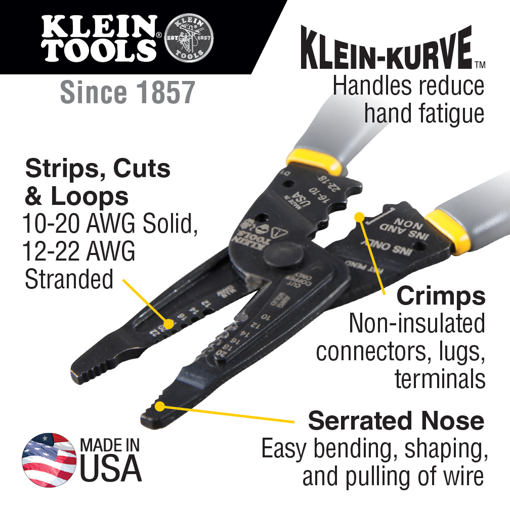 Klein Kurve Long-Nose Wire Stripper, Wire Cutter, Crimping Tool