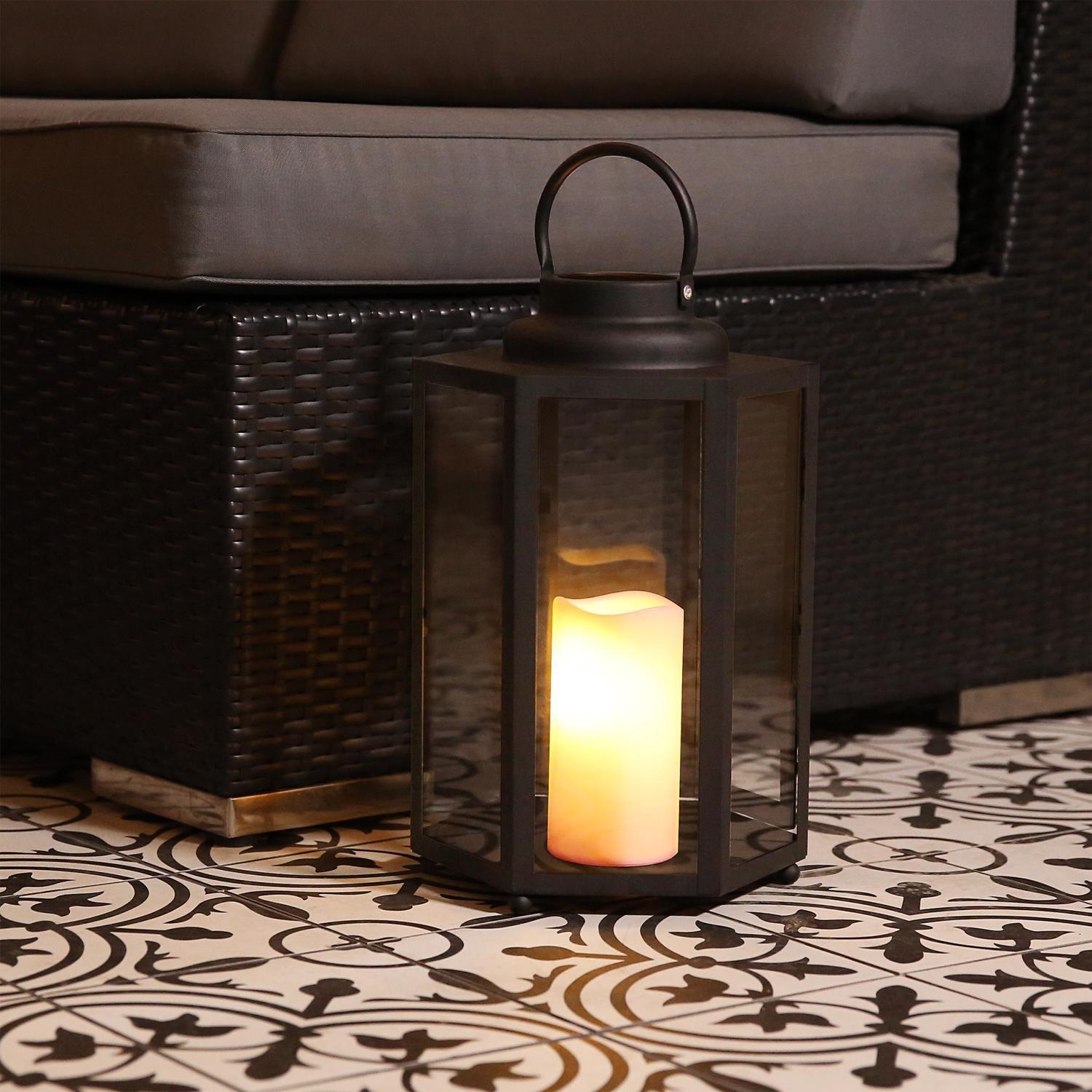 Alpine 14 in. Glass/Plastic Decorative Black Flameless Lantern