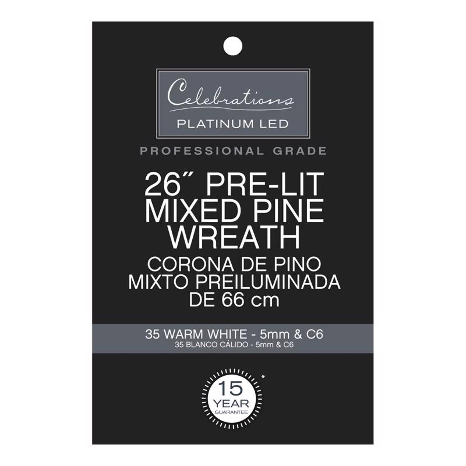 Celebrations Platinum 26 in. D LED Prelit Warm White Mixed Pine Wreath