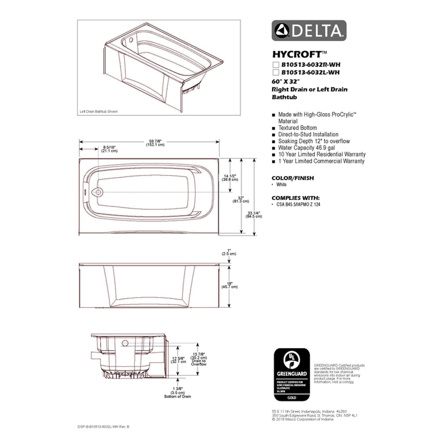 Delta Hycroft 19-1/4 in. H X 32 in. W X 60 in. L White Bathtub