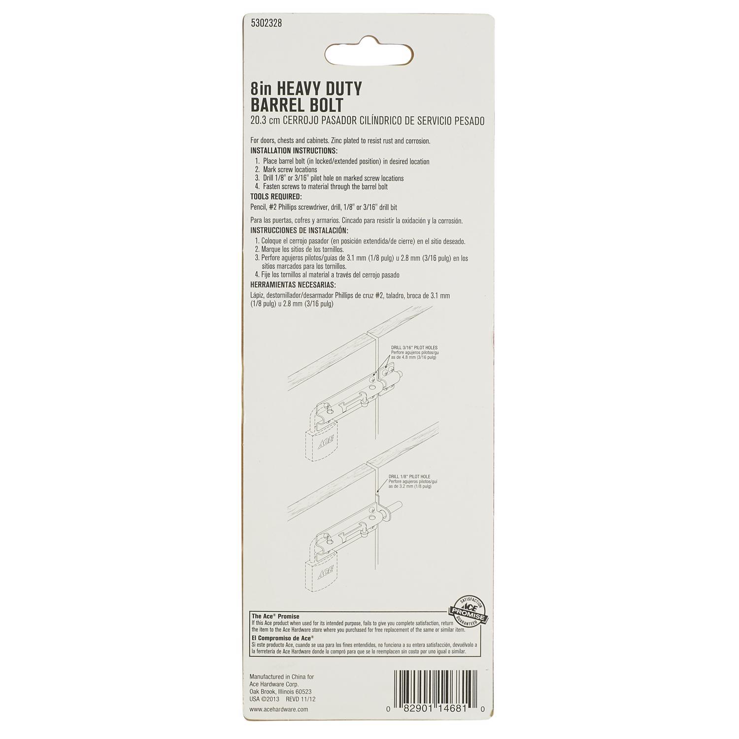 Ace 8 in. L Zinc-Plated Steel Barrel Bolt 1 pk