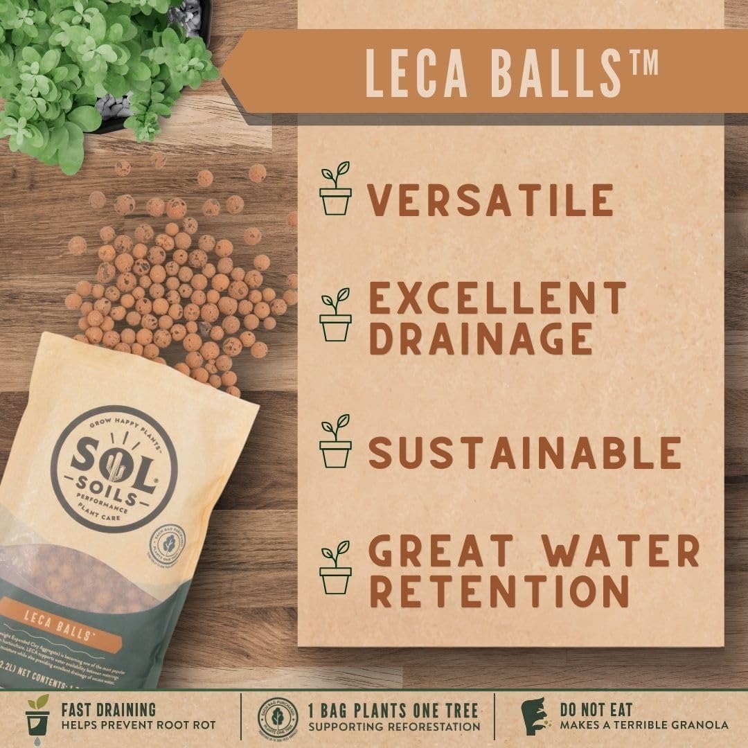Sol Soils LECA Balls - Lightweight & 100% Natural Hydroponic Clay Pebbles for Plants - Soil Amendments to Improve Drainage, Aeration, and Support Healthy Root Growth - 2 Quarts