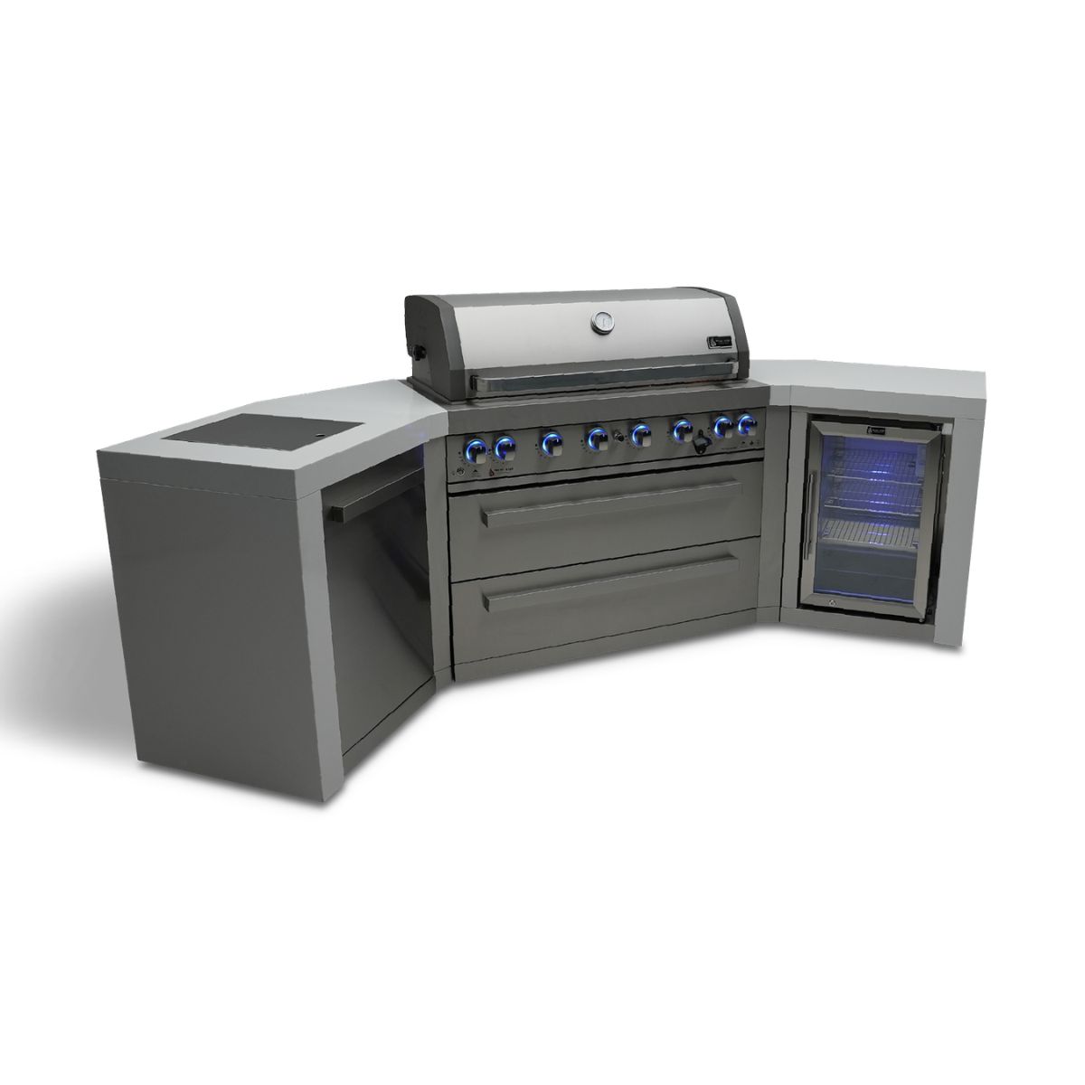 Mont Alpi 6-Burner Deluxe island with 45-degree corners and a fridge cabinet