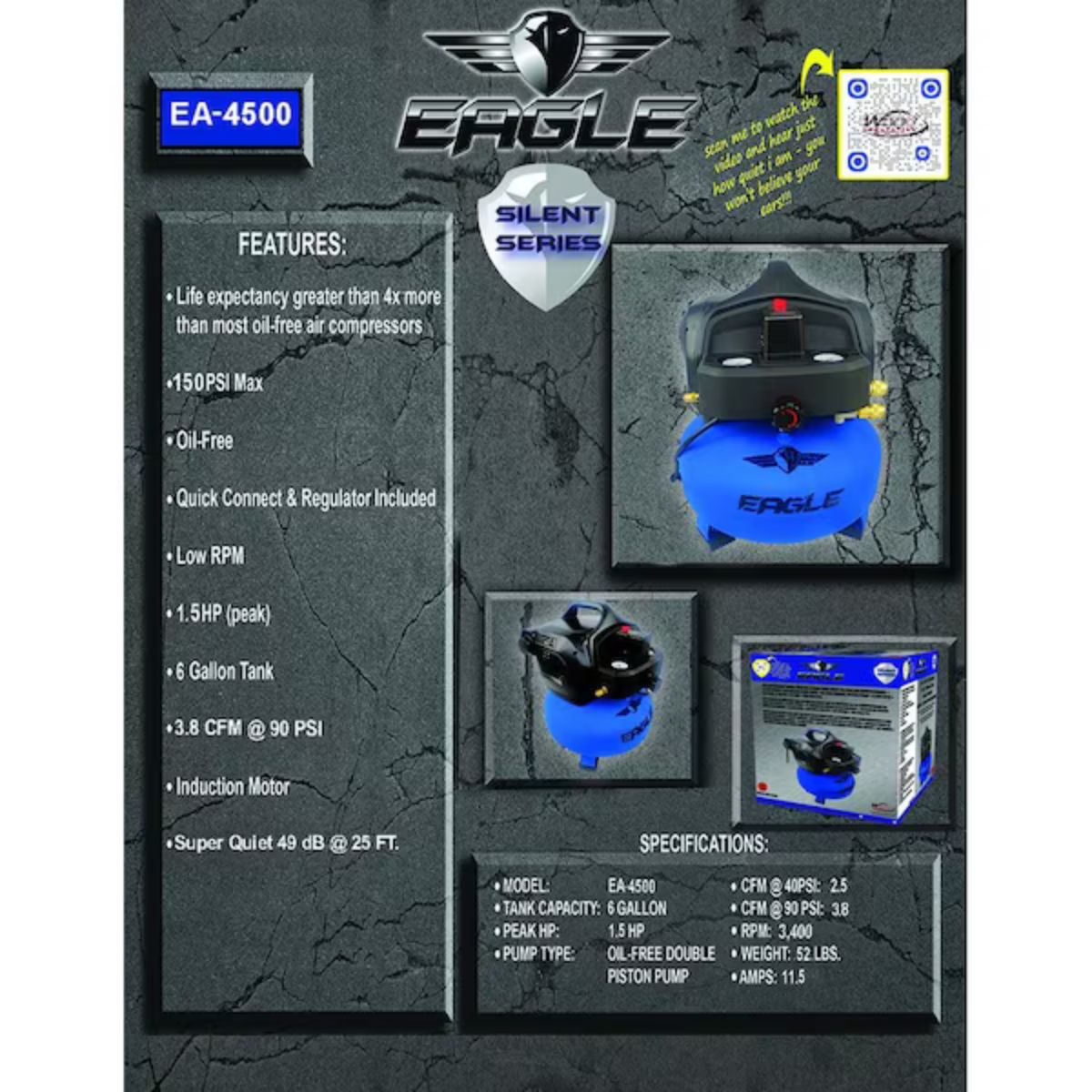 Eagle 1.5 HP 6 Gal 150 Max PSI Silent Series Single-Stage Portable Electric