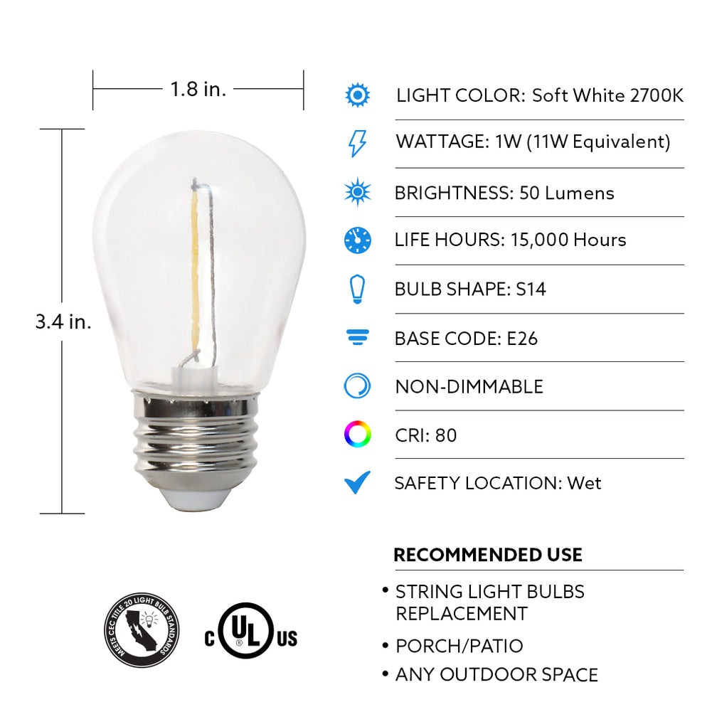 Feit Electric Base Replacement LED Exposed Filament Replacement Light Bulb 1W Soft White 2700K S14 E26