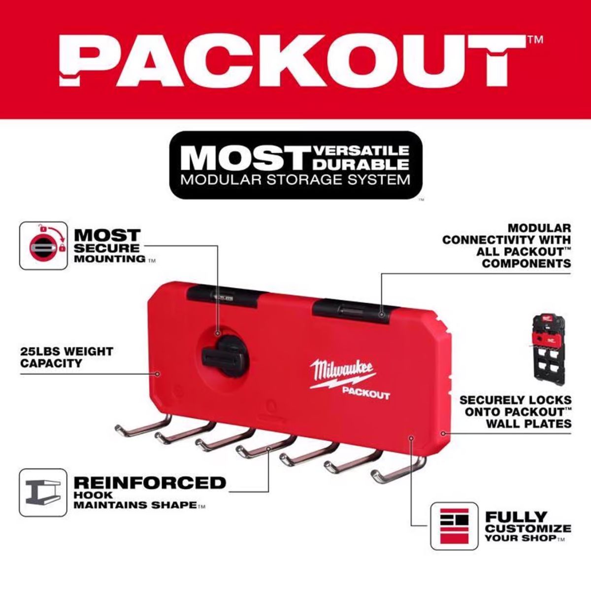 Milwaukee Packout Shop Storage Medium Black/Red Plastic 9.5 in. L Hook Rack 25 lb. 1 pack