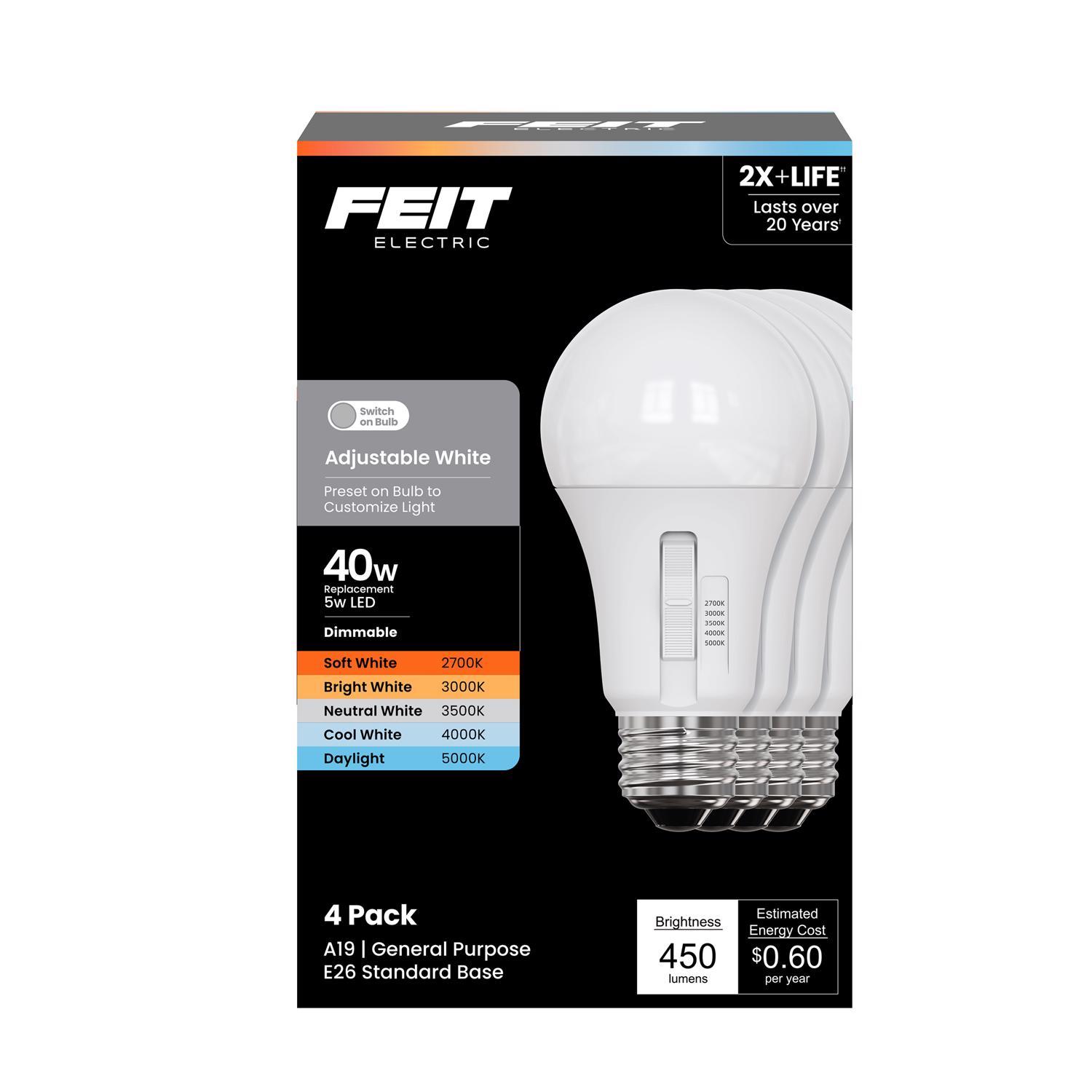Feit A19 E26 (Medium) LED Bulb Adjustable White 40 Watt Equivalence 4 Pack