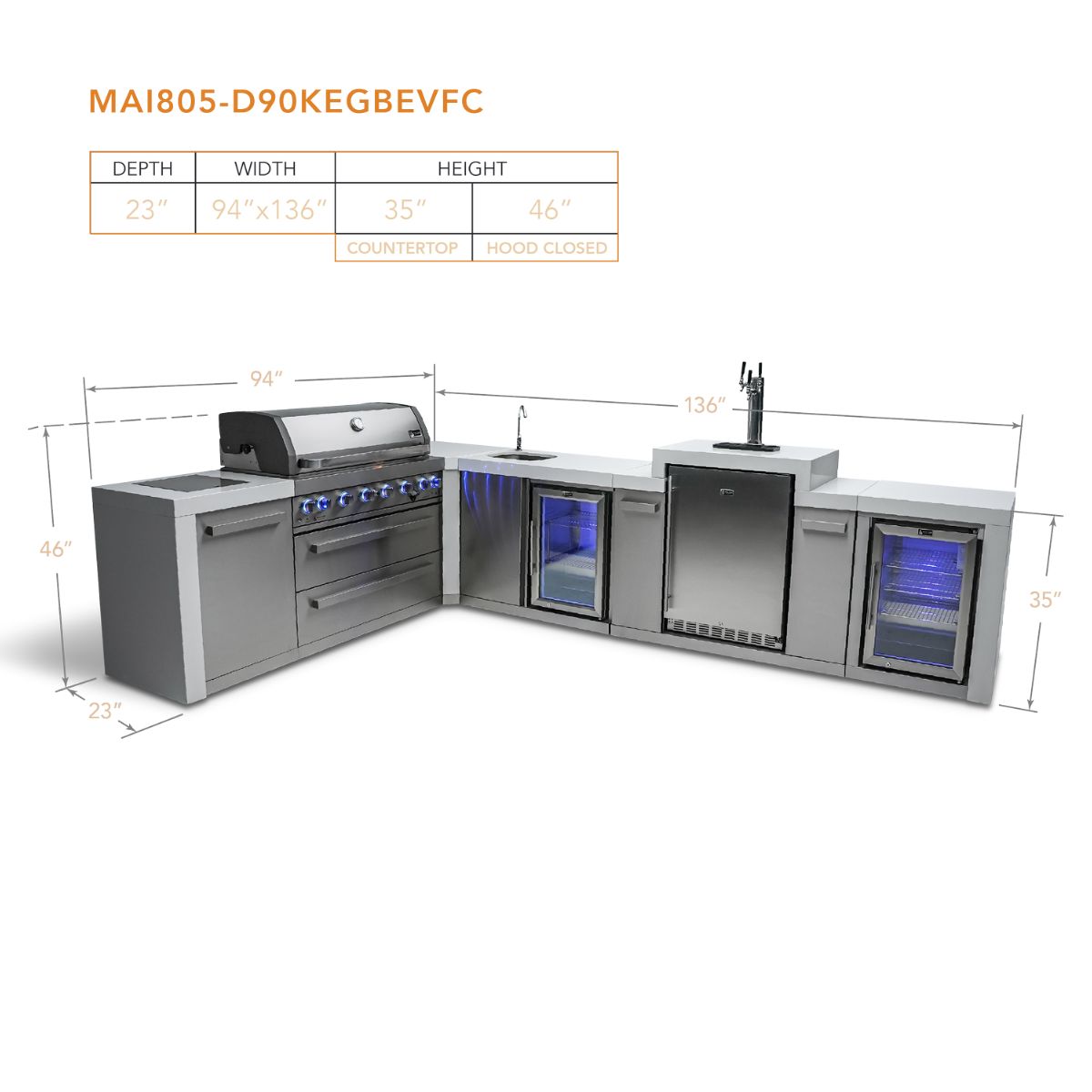 Mont Alpi 6-burner Deluxe Island with a 90-degree corner, kegerator, beverage center and fridge cabinet