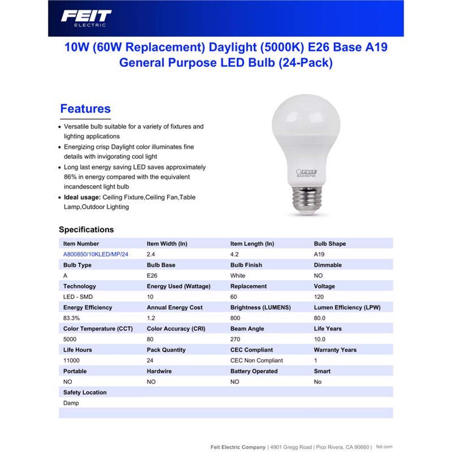 Feit A19 E26 (Medium) LED Bulb Daylight 60 Watt Equivalence 24 pk