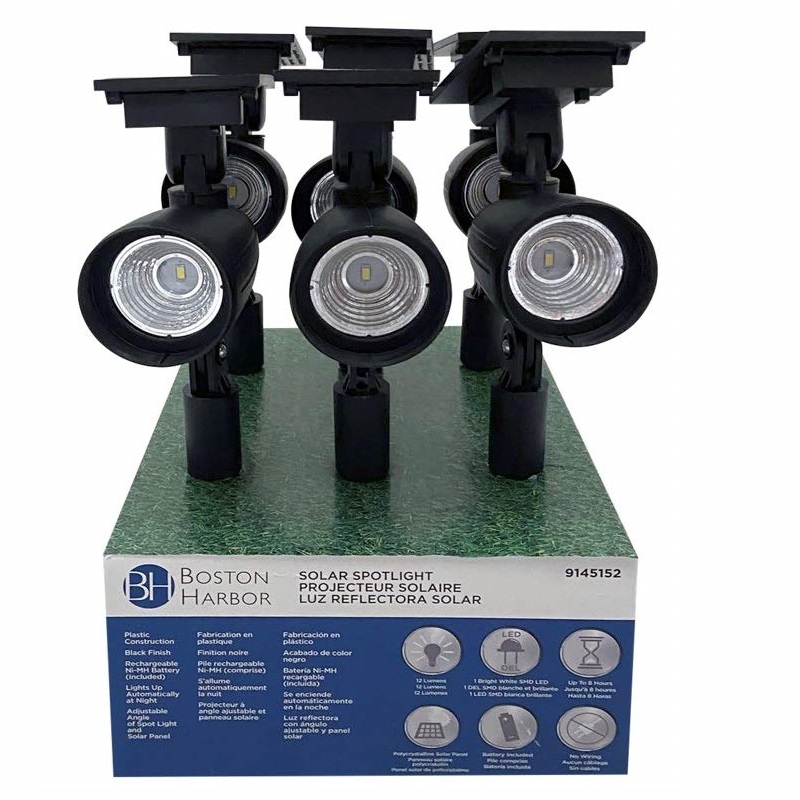 Boston Harbor High Power Solar Spotlight Li-Ion Battery 8-Lamp 200 Lumens Plastic Fixture Black (Case of 6)