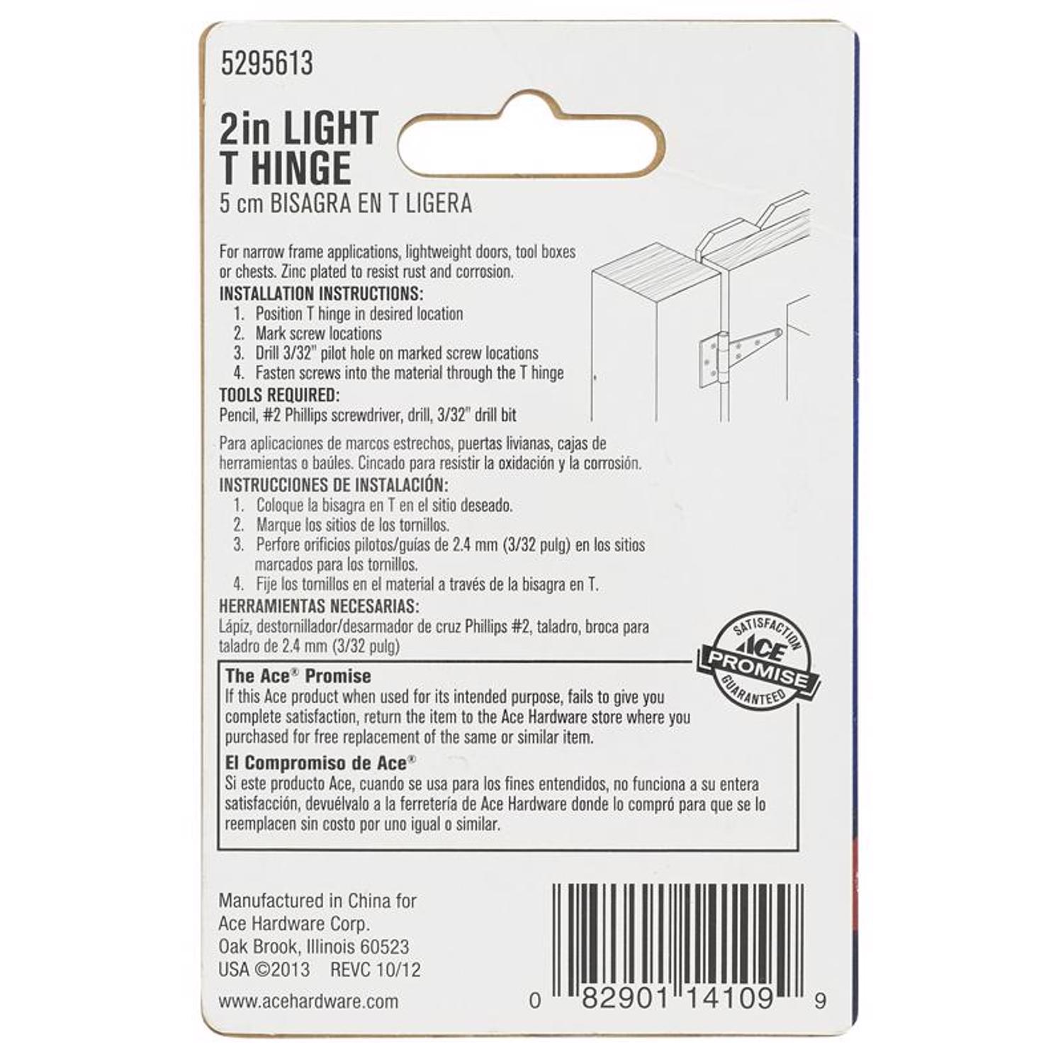 Ace 2 in. L Zinc-Plated Light Duty T Hinge 2 pk