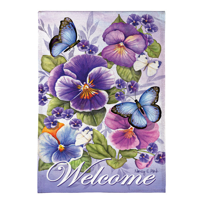 Evergreen Garden Flag Cheerful Pansies Burlap