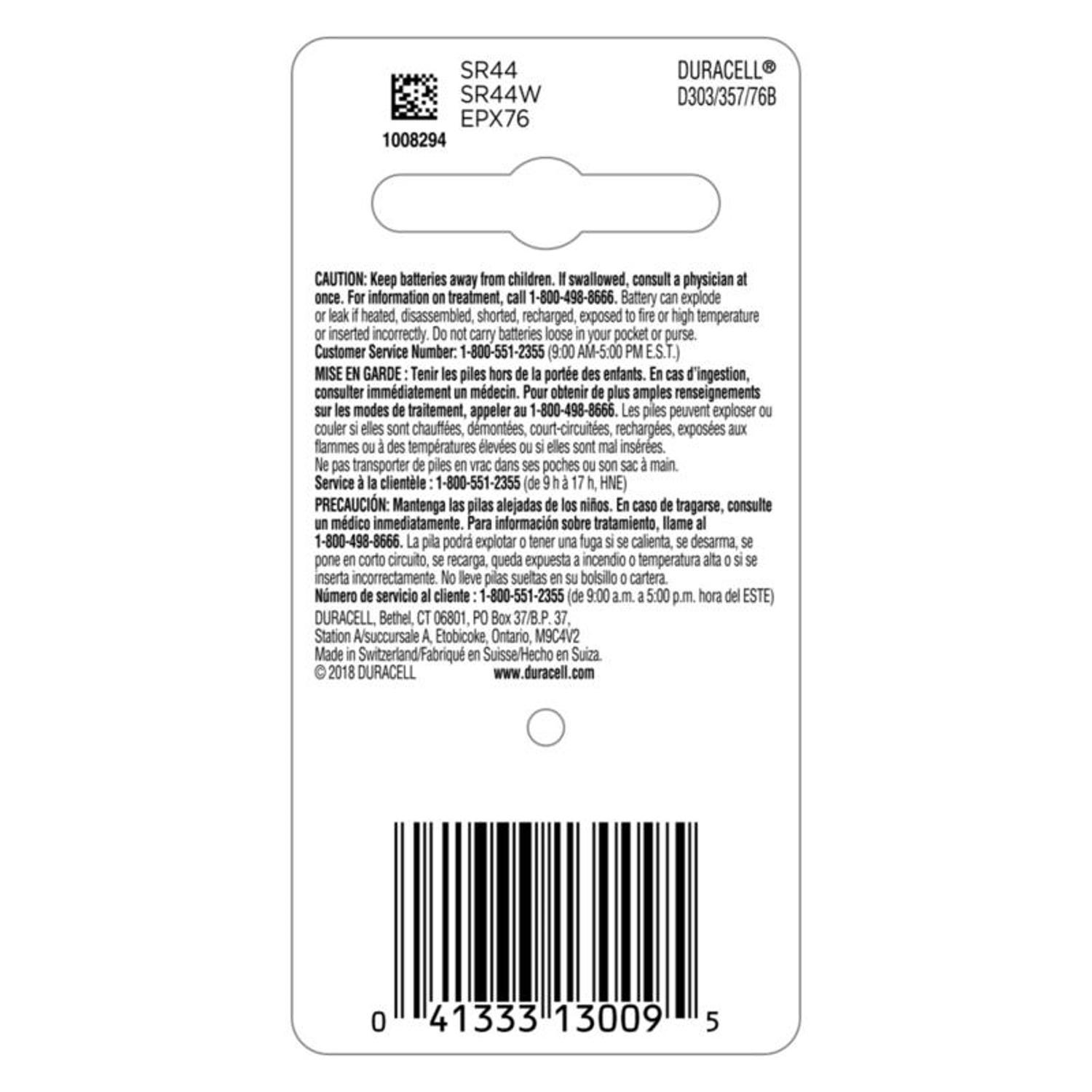 Duracell Silver Oxide 303/357/76 1.5 V 175 mAh Electronic/Watch Battery 1 pk