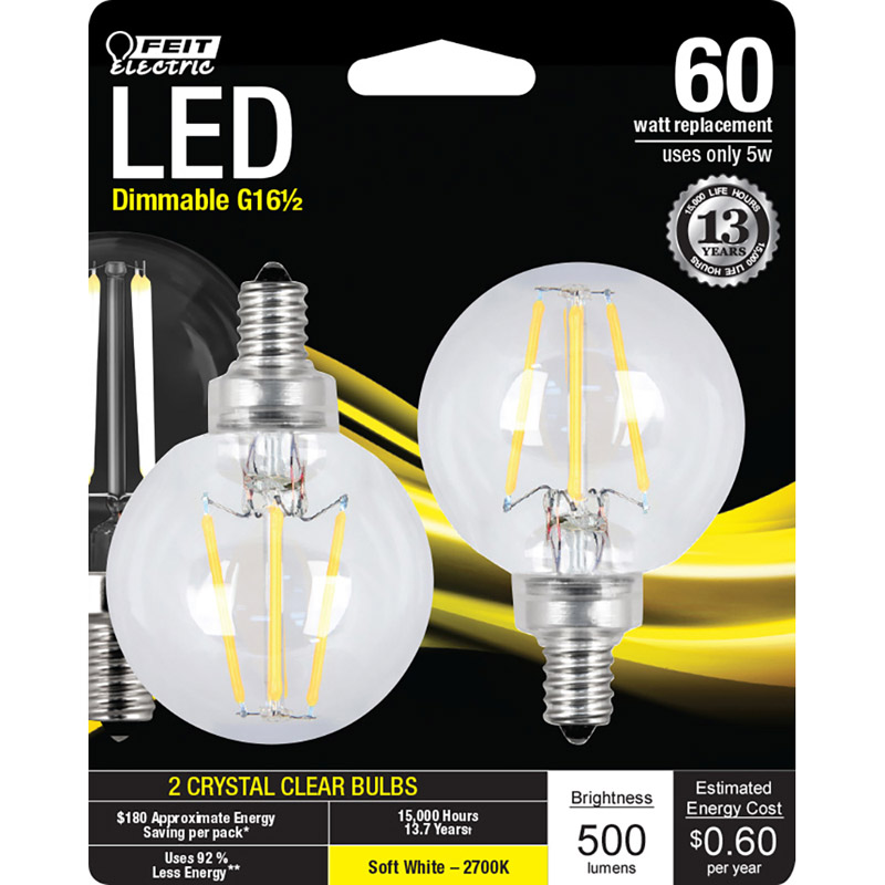 Feit Electric G16.5 E12 (Candelabra) LED Bulb Soft White 60 Watt Equivalence 2 pk