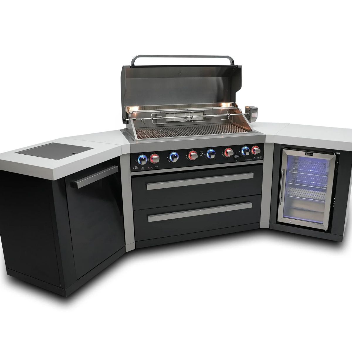 Mont Alpi 805 Black Stainless Steel Island with 45-degree corners and a fridge cabinet