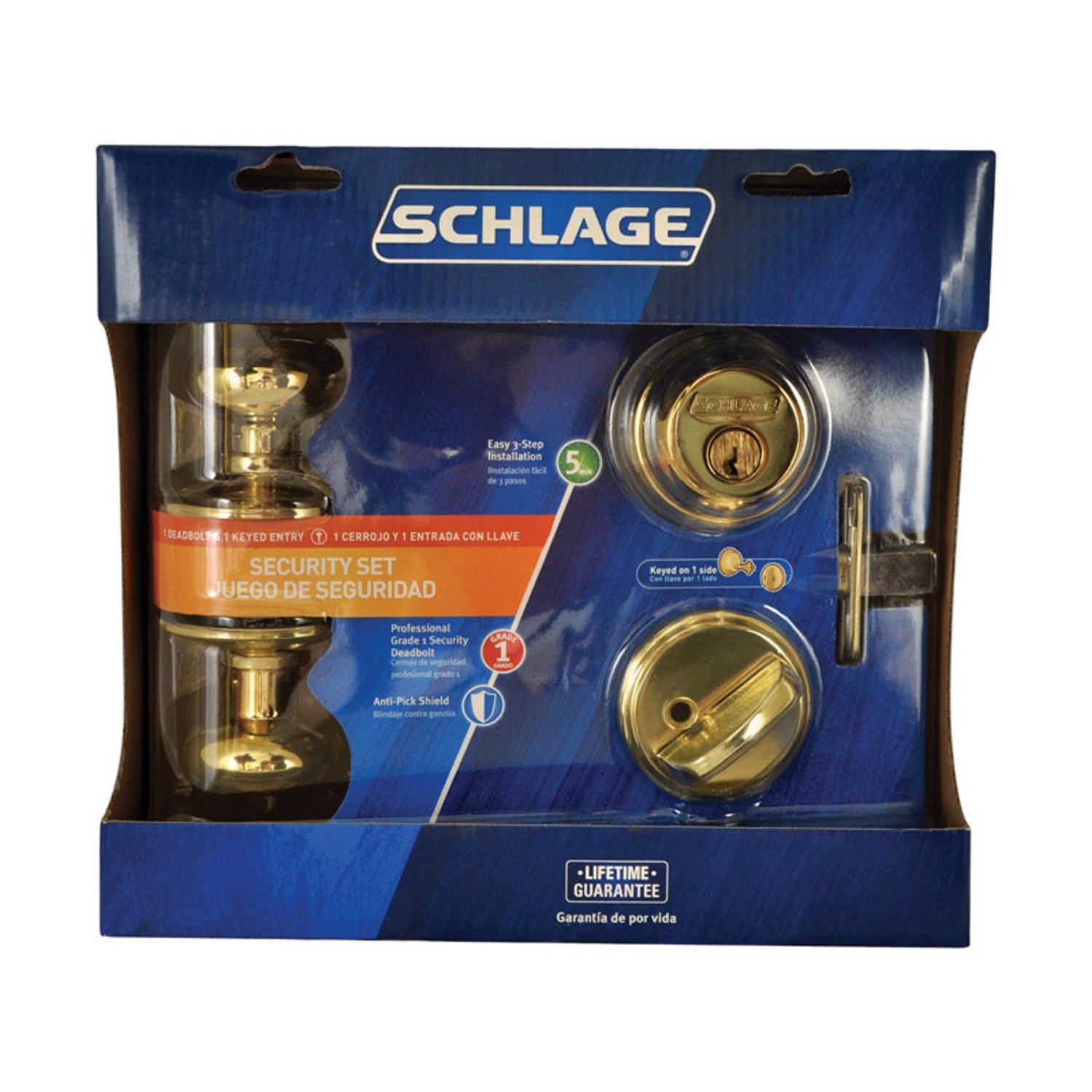 Schlage Bright Brass Knob and Single Cylinder Deadbolt 1-3/4 in.