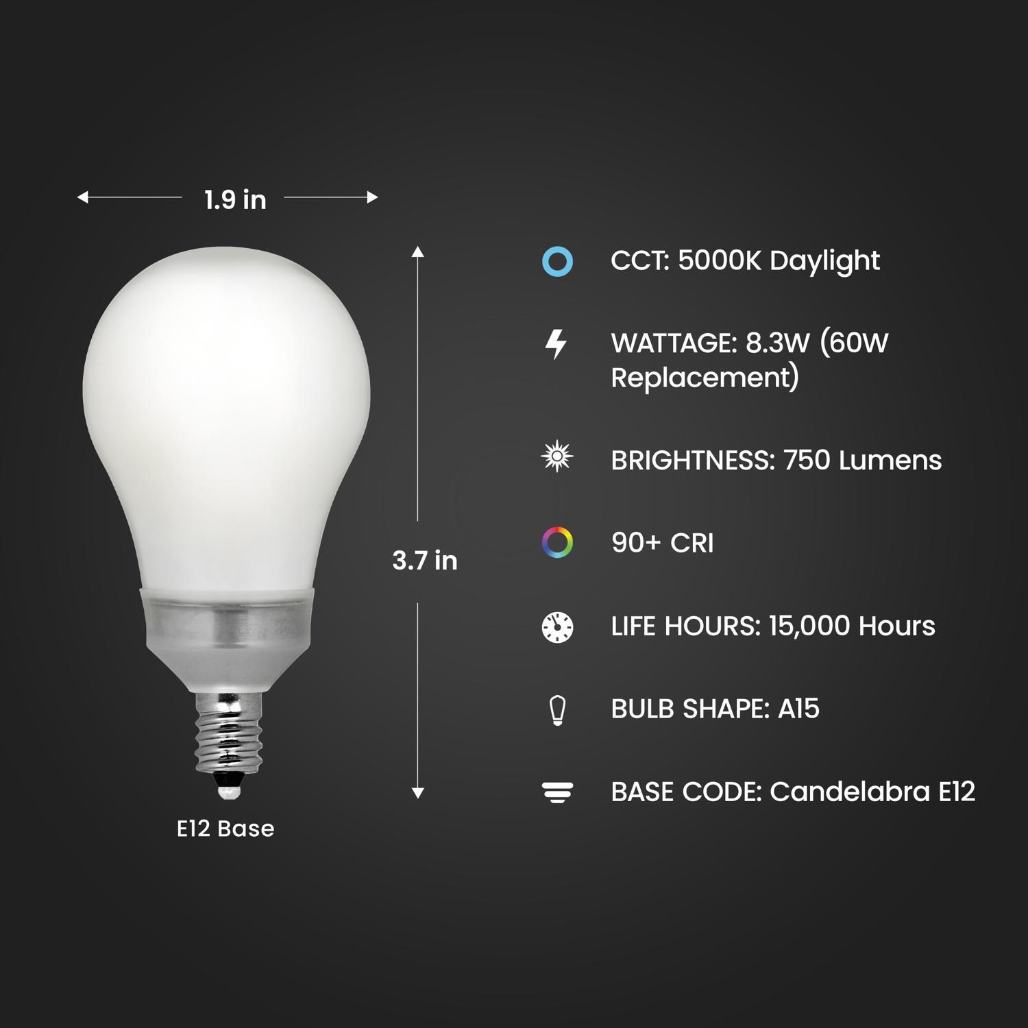 Feit Enhance A15 E12 (Candelabra) Filament LED Bulb Daylight 60 Watt Equivalence 2 pk