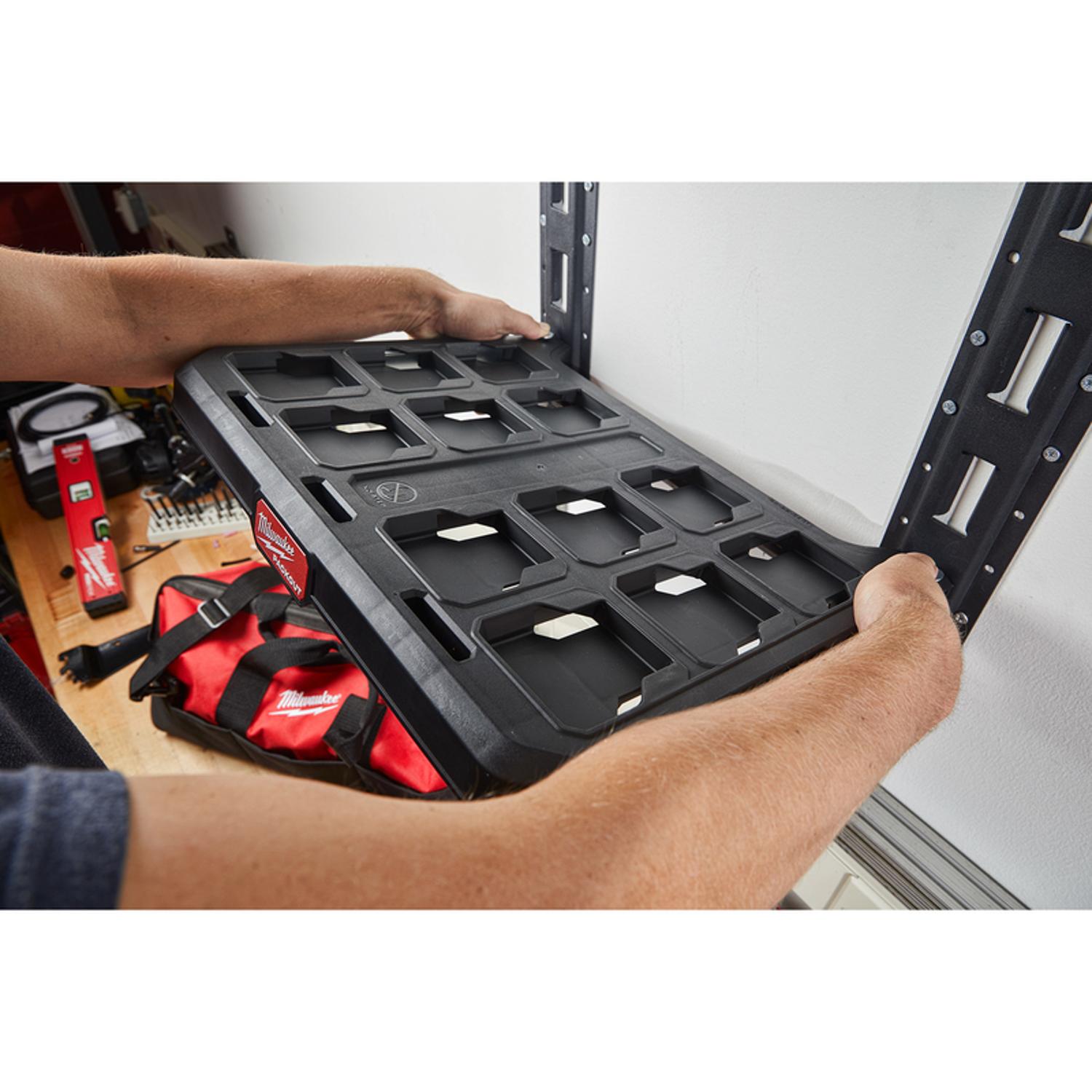Milwaukee Packout 3.9 in. H X 21 in. W X 16.6 in. D Black Metal/Plastic Shelf Milwaukee Packout 3.9 in. H X 21 in. W X 16.6 in. D Black Metal/Plastic Shelf