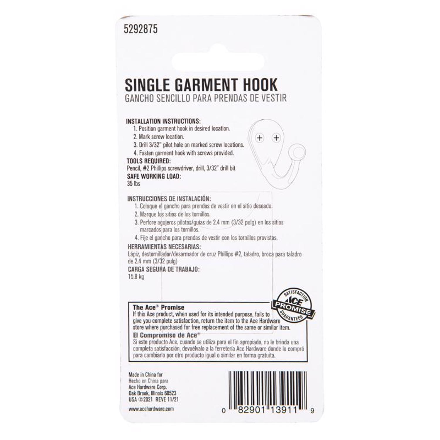 Ace 1-3/4 in. L Chrome Silver Metal Medium Single Garment Hook 2 pk