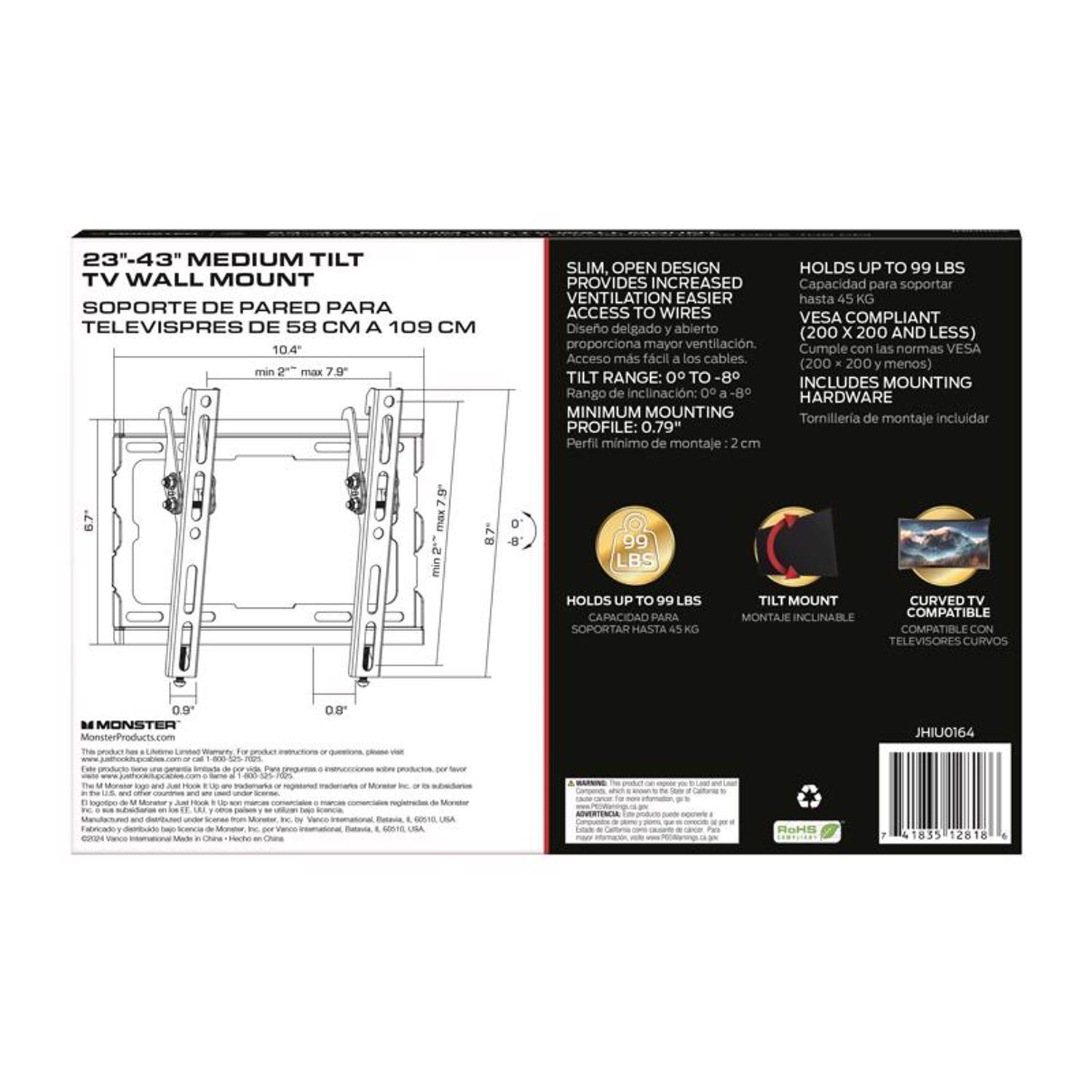 Monster Just Hook It Up 23 in to 43 in. 99 lb. cap. Tiltable TV Tilt Wall Mount