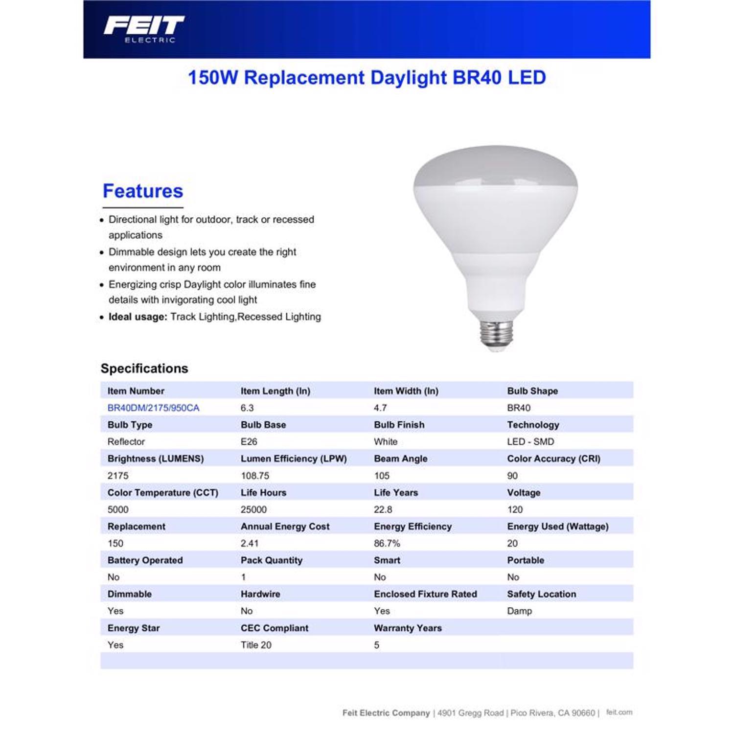 Feit BR40 E26 (Medium) LED Bulb Daylight 150 Watt Equivalence 1 pk