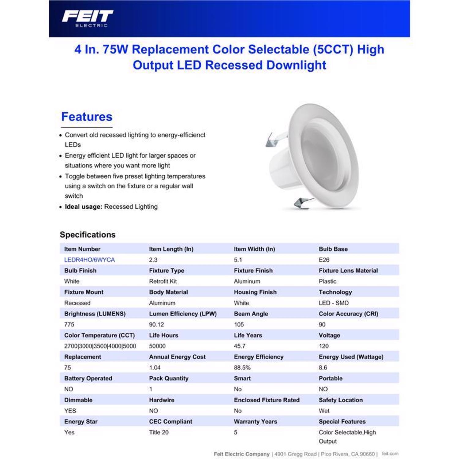 Feit Enhance Frost White 5.1 in. W Aluminum LED Dimmable Recessed Downlight 8.6 W