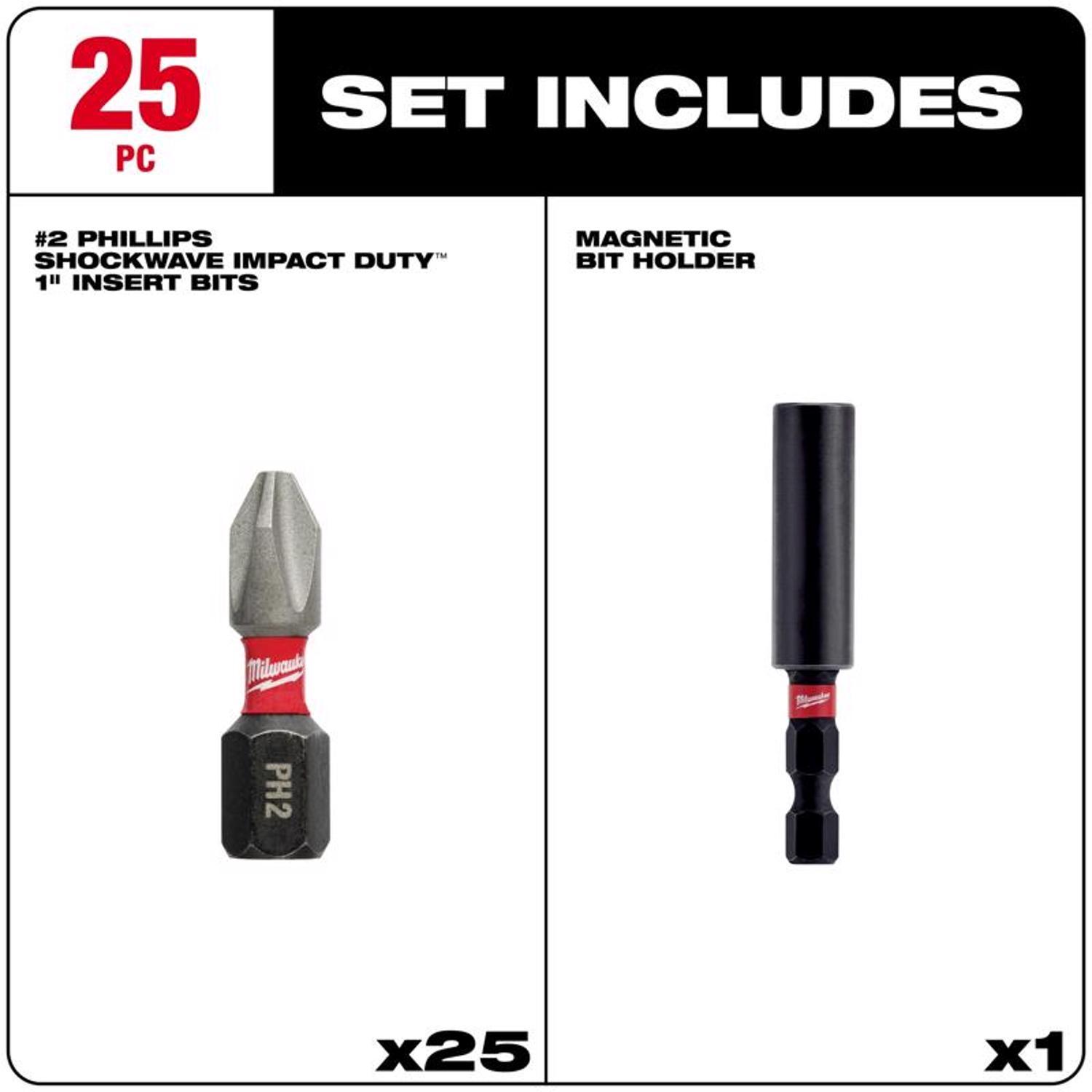 Milwaukee Shockwave Phillips #2 X 1 in. L Impact Insert Bit and Bit Holder Set Steel 26 pc