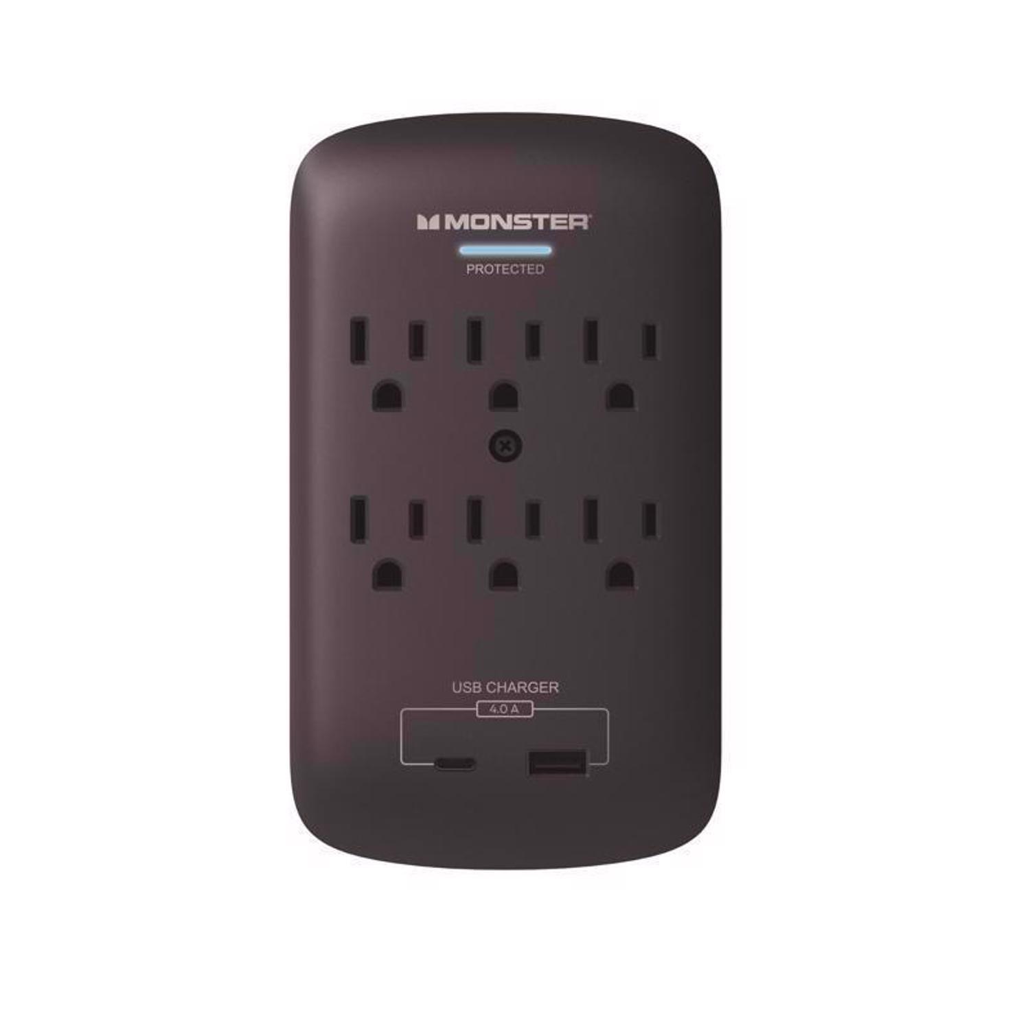 Monster Just Power it Up 0 ft. L 6 outlets Wall Tap Surge Protector w/USB Black 1200 J