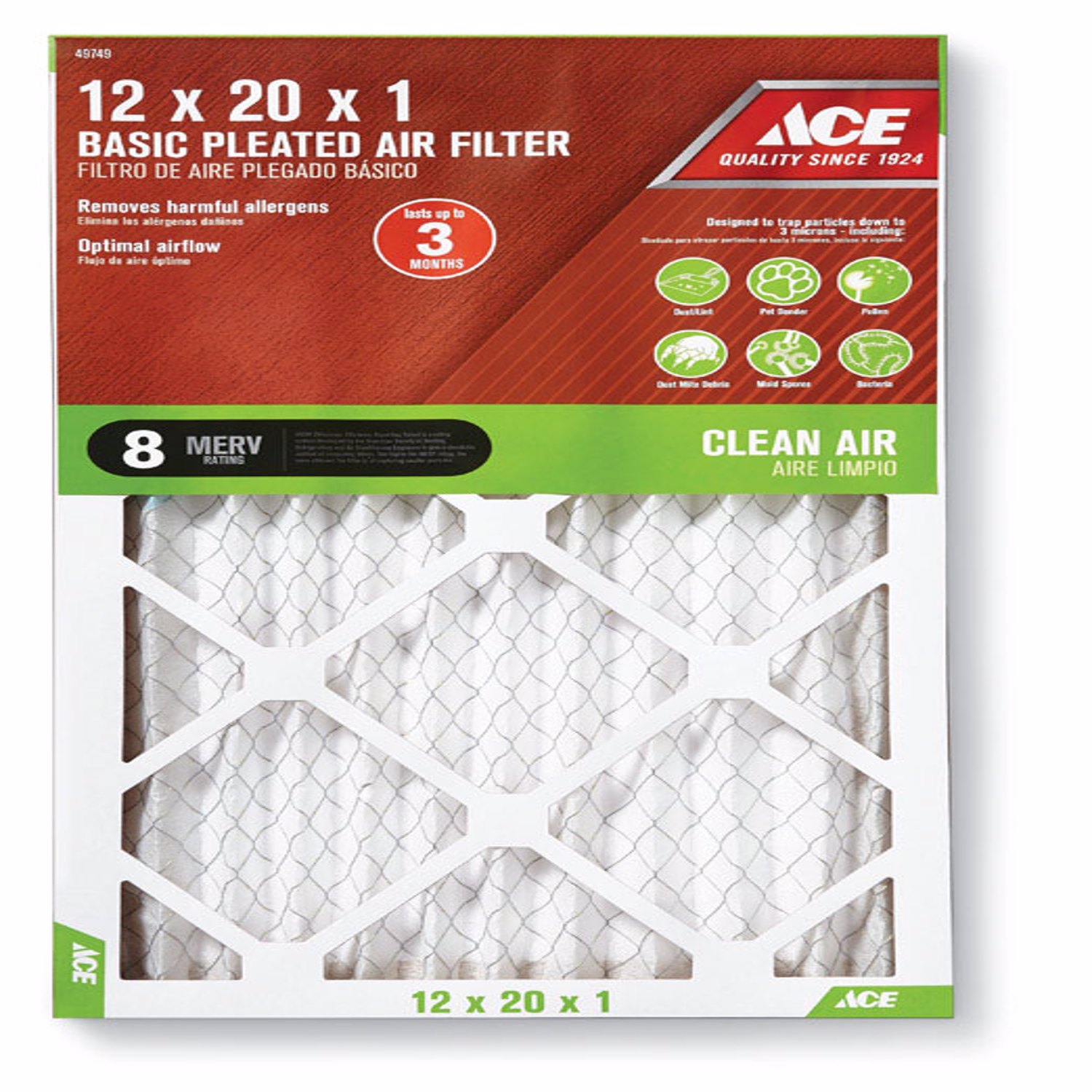 Ace 12 in. W X 20 in. H X 1 in. D Cotton 8 MERV Pleated Air Filter 1 pk