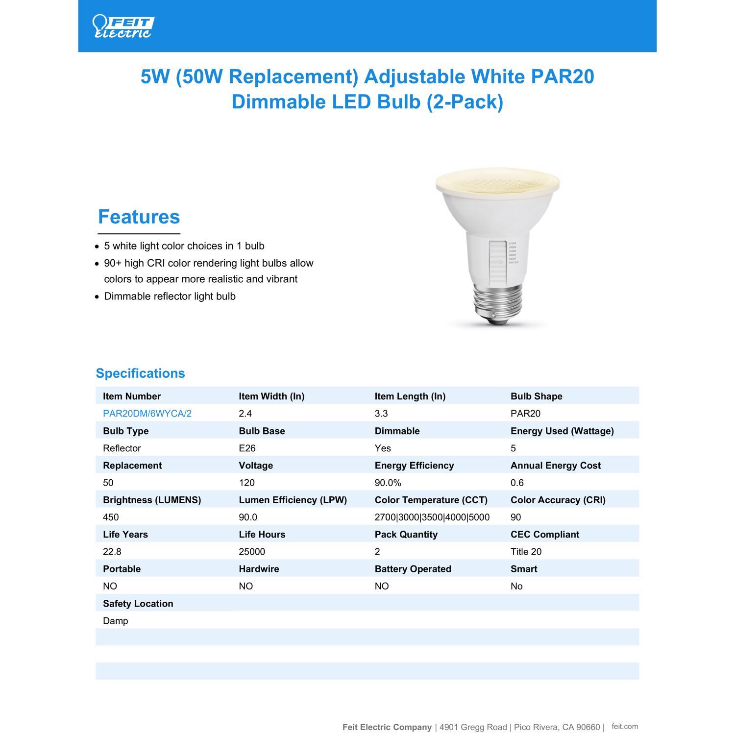 Feit PAR20 E26 (Medium) LED Floodlight Bulb Adjustable White 50 Watt Equivalence 2 pk