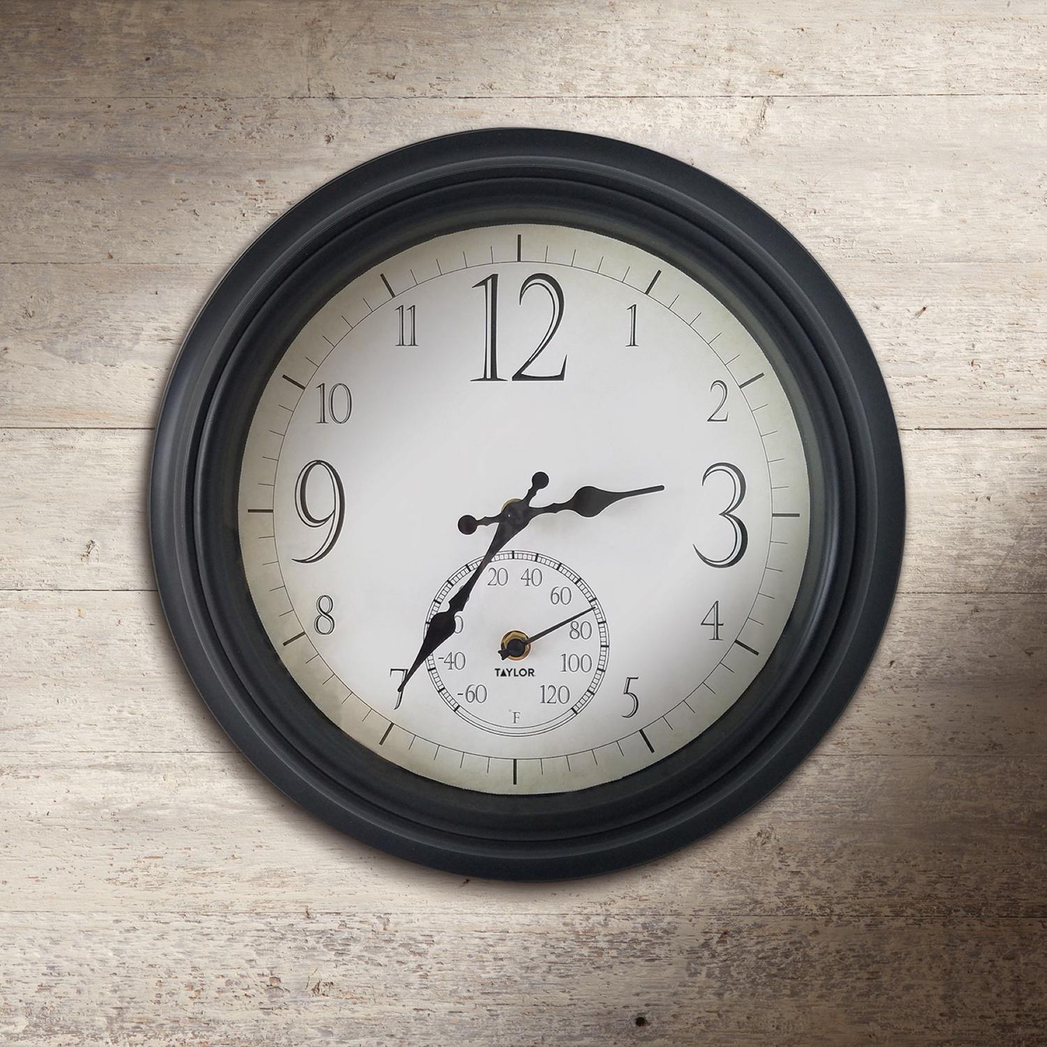 Taylor Clock/Thermometer Plastic Black 14 in.