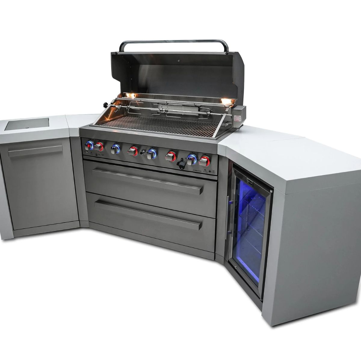 Mont Alpi 6-Burner Deluxe island with 45-degree corners and a fridge cabinet