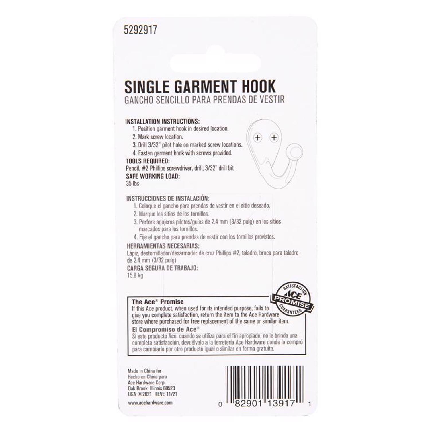 Ace 1-3/4 in. L Antique Brass Gold Brass Small Single Garment Hook 2 pk