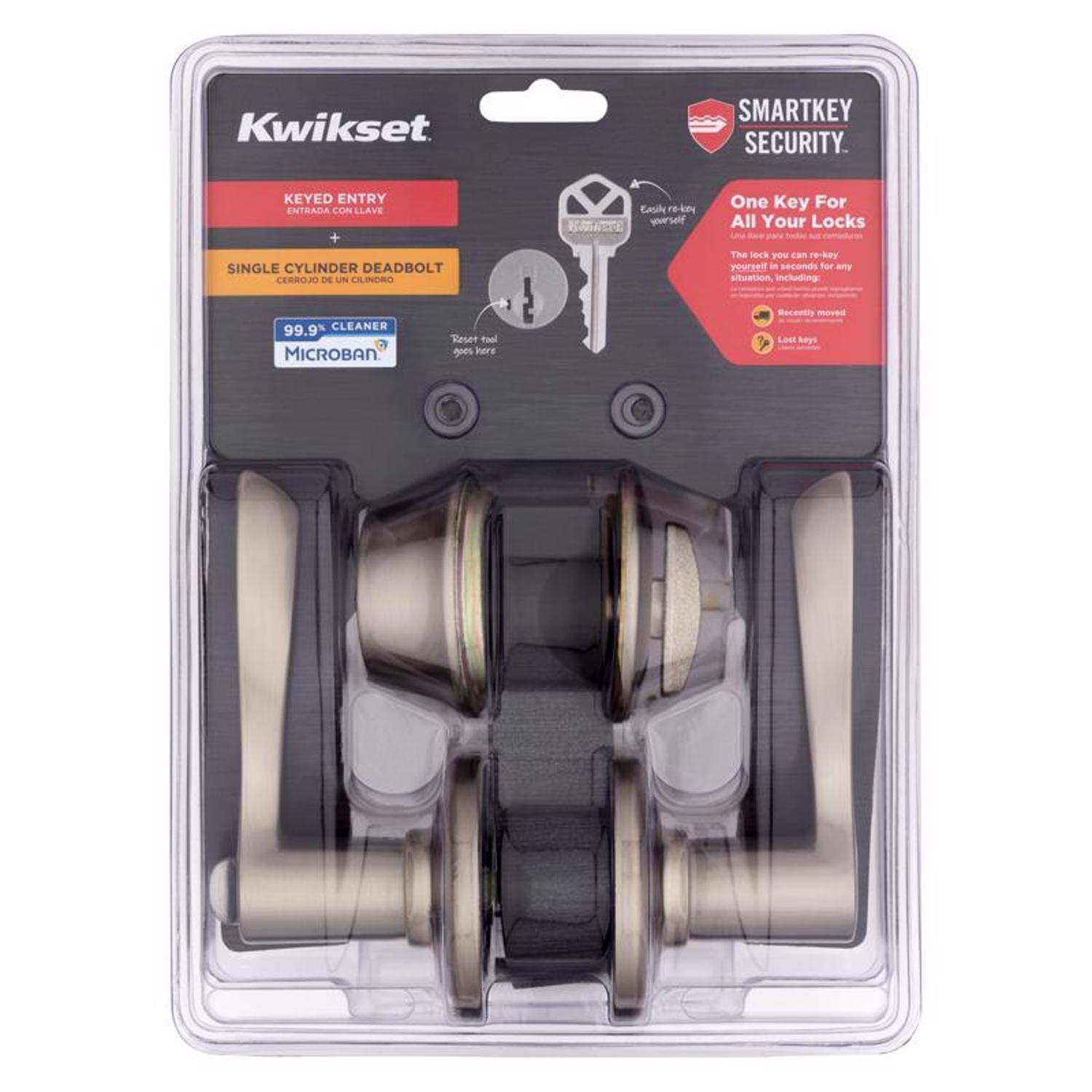 Kwikset SmartKey Security Balboa Satin Nickel Deadbolt and Entry Door Knob KW1 1-3/4 in.