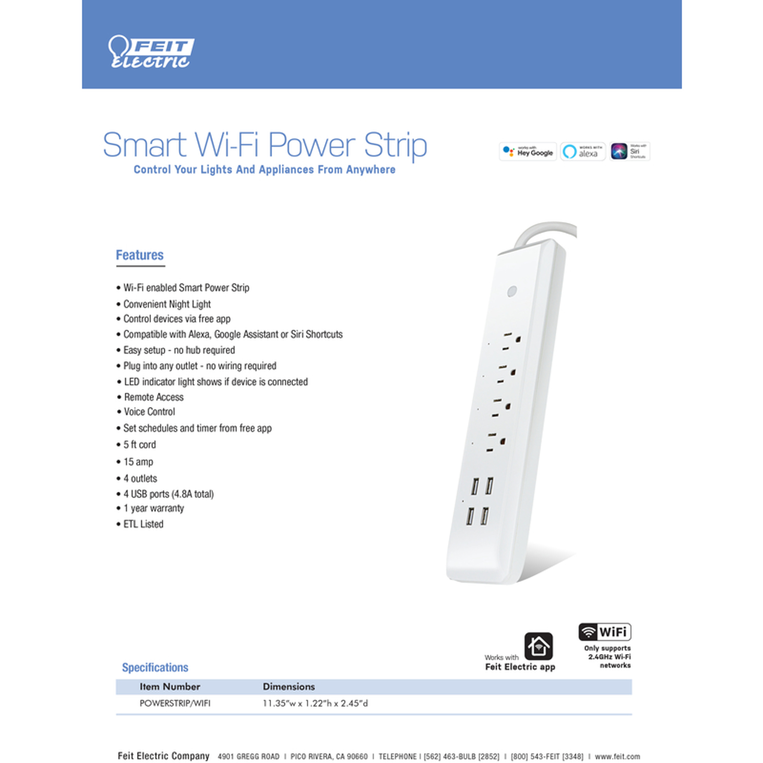 Feit Electric 5 ft. L 4 outlets WiFi Power Strip with USB White 460 J