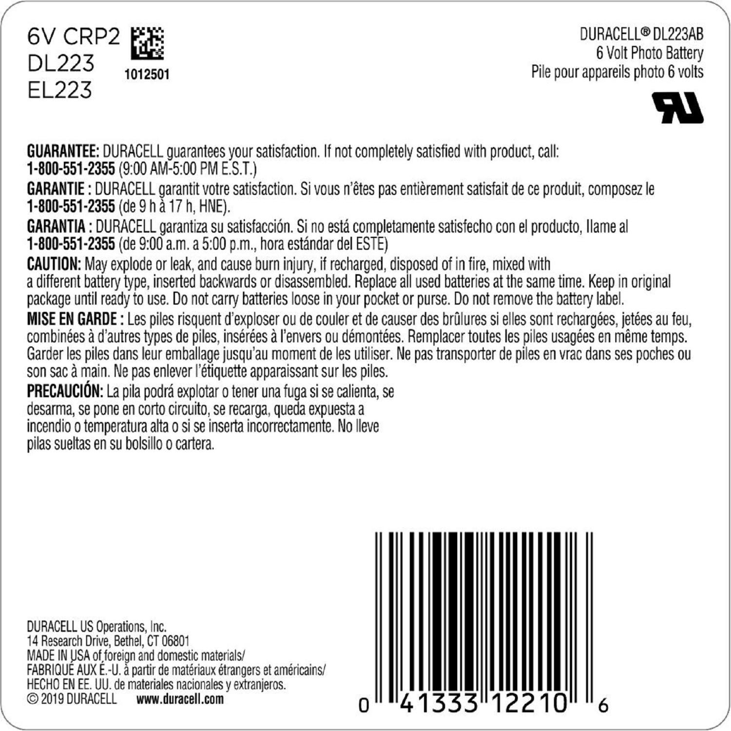 Duracell Lithium 223 6 V 1400 mAh Camera Battery 1 pk