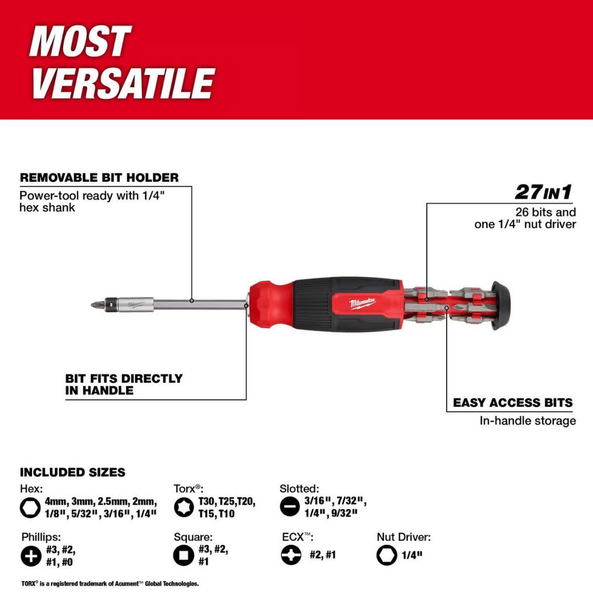 Milwaukee Hex Shank 27-in-1 Multi-Bit Screwdriver 9.11 in. 1 Piece